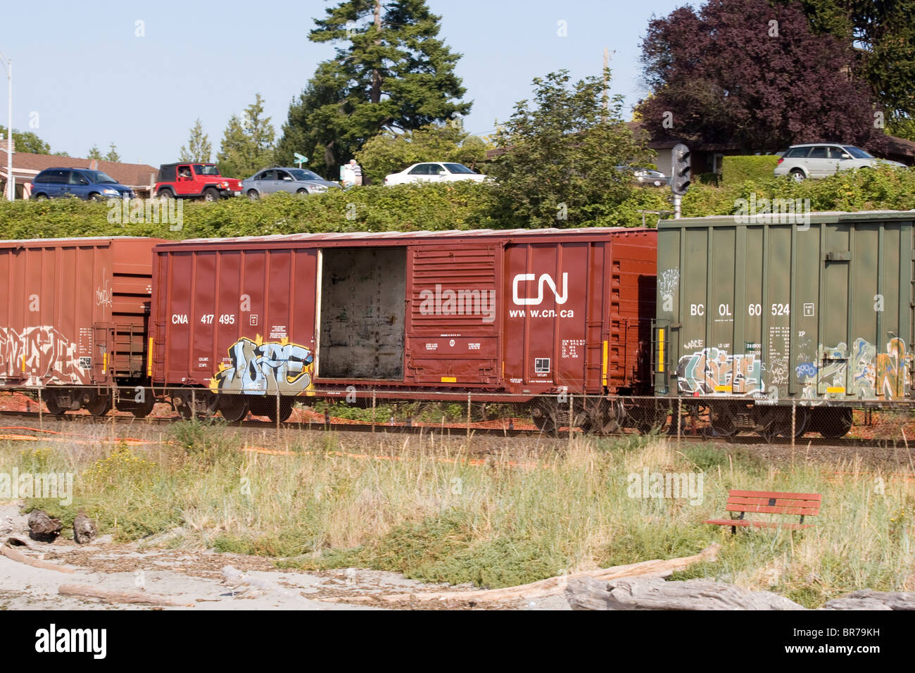 Il Canadian National CN Boxcar sul treno merci a Edmonds Washington stato USA Foto Stock