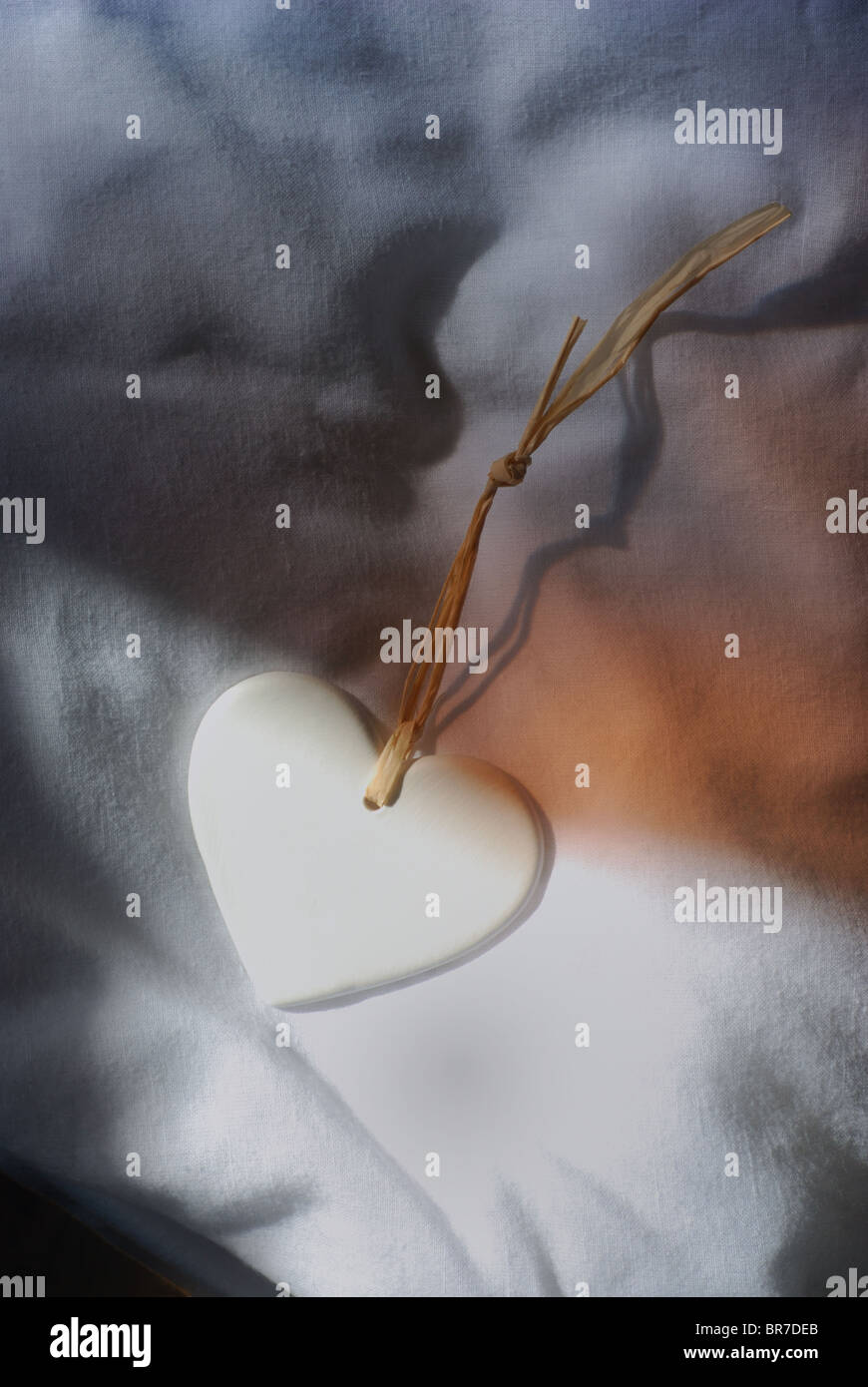 Unico bianco cuore di San Valentino in pezzata romantica al chiaro di luna. Impostare su un bel fresco sfondo di cotone. Foto Stock