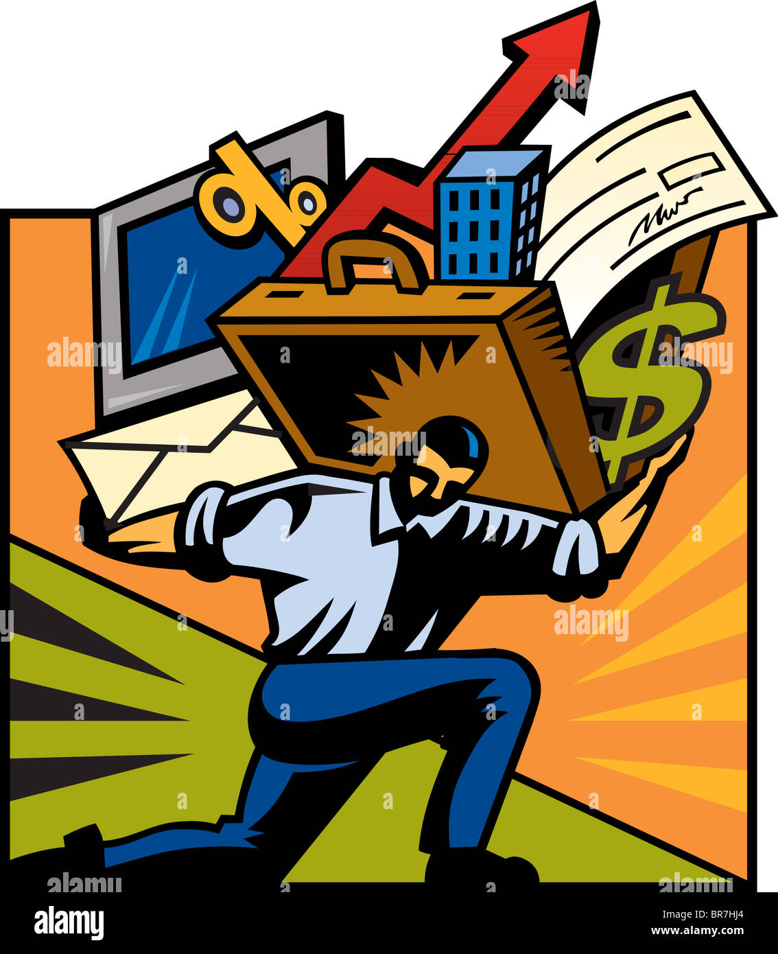 Un uomo che porta un computer e una valigetta farcita con vari oggetti Foto Stock