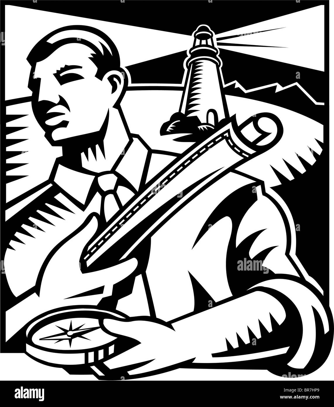 Un imprenditore tenendo una cartina e bussola cerca di trovare la sua strada mentre un faro che splende dietro di lui Foto Stock