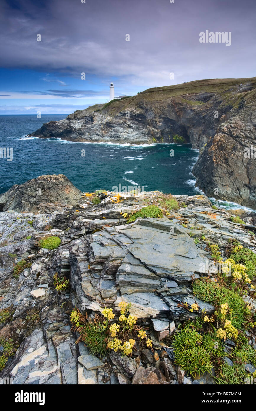Trevose Head Lighthouse vicino a Padstow, North Cornwall, Regno Unito Foto Stock
