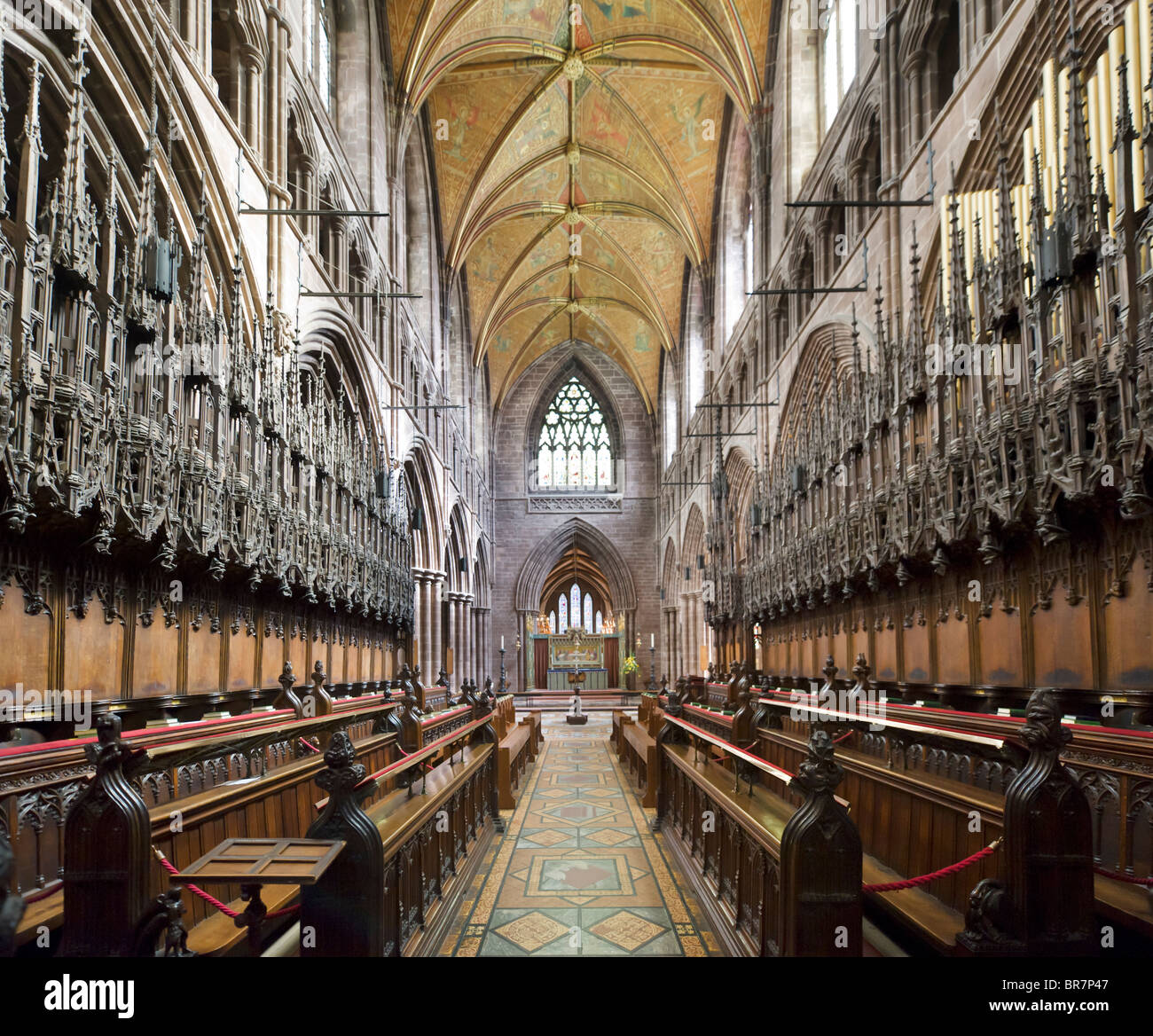 Il Cudiero (coro) nella cattedrale di Chester, Chester, Cheshire, Inghilterra, Regno Unito Foto Stock