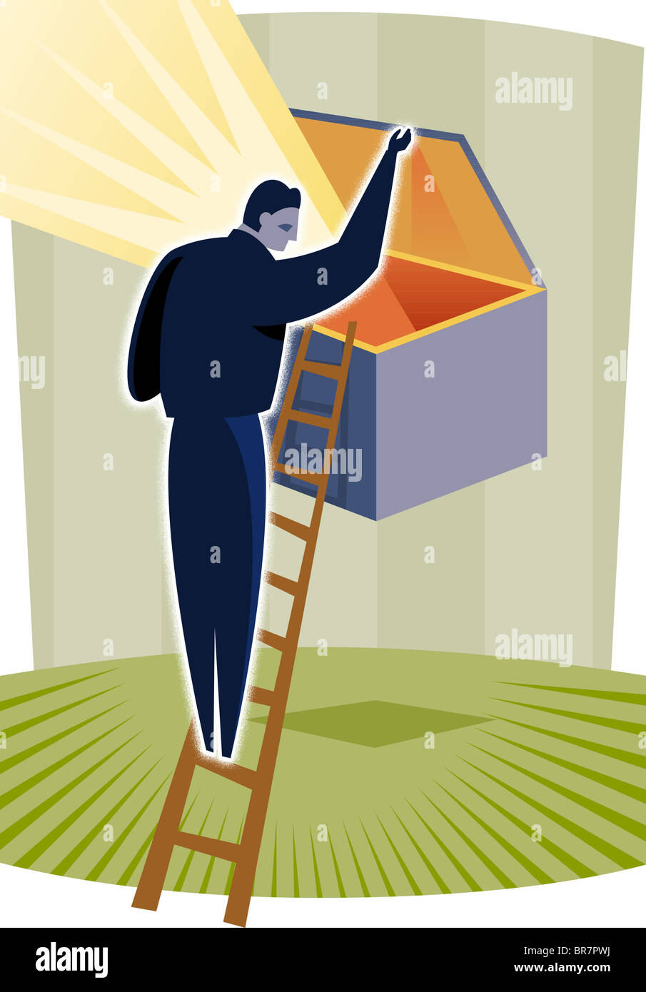 Un uomo di aprire una scatola Foto Stock