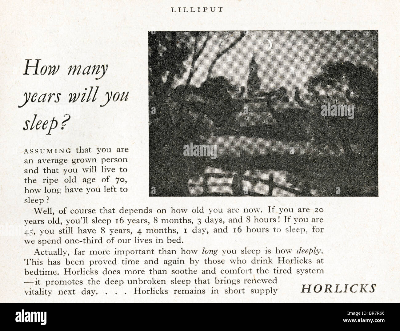 Bianco e Nero Spot per Horlicks bere all'interno della rivista Lilliput datata novembre 1947 Foto Stock