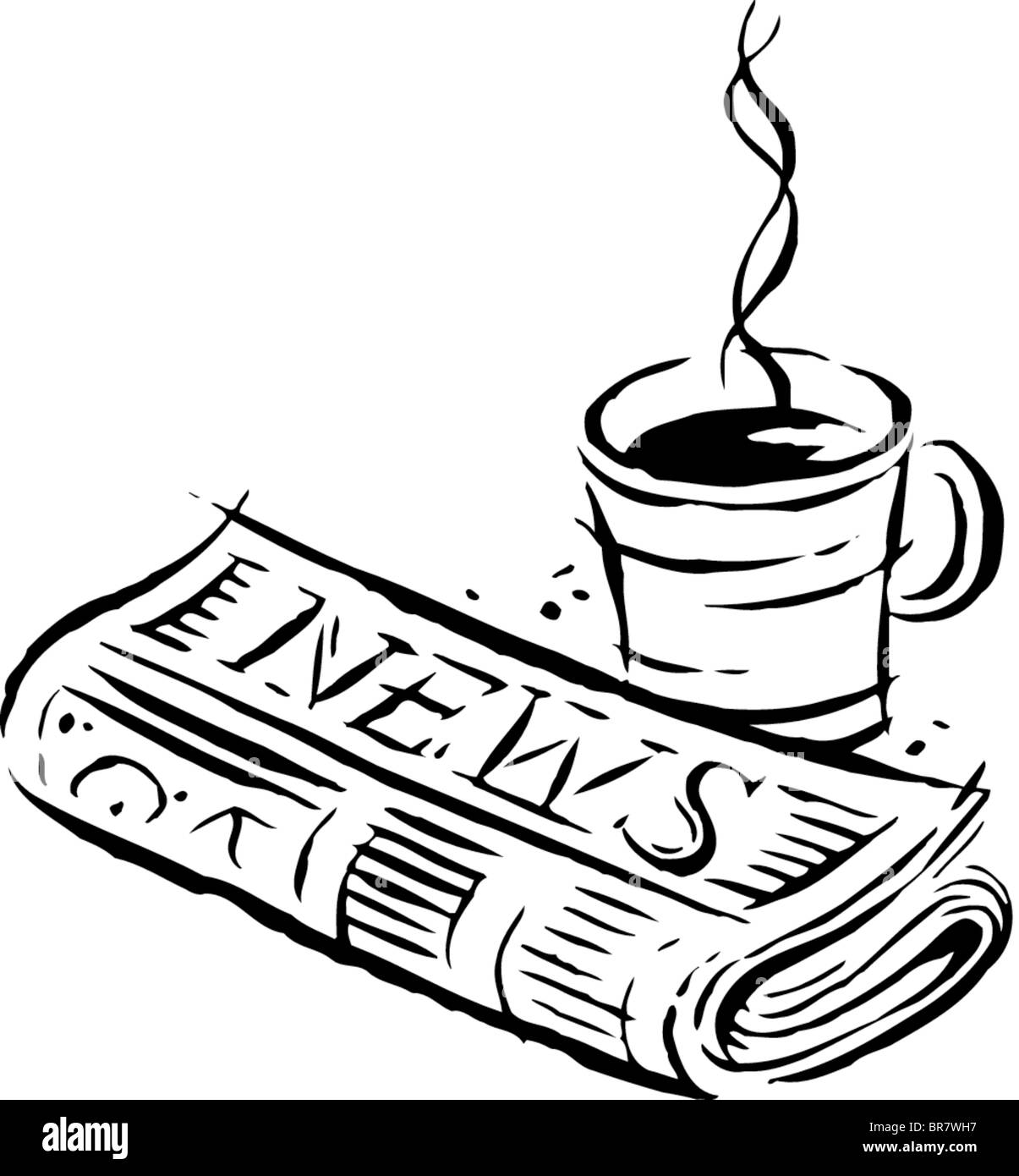 Disegno della mattina di carta e una tazza fumante di caffè caldo Foto Stock