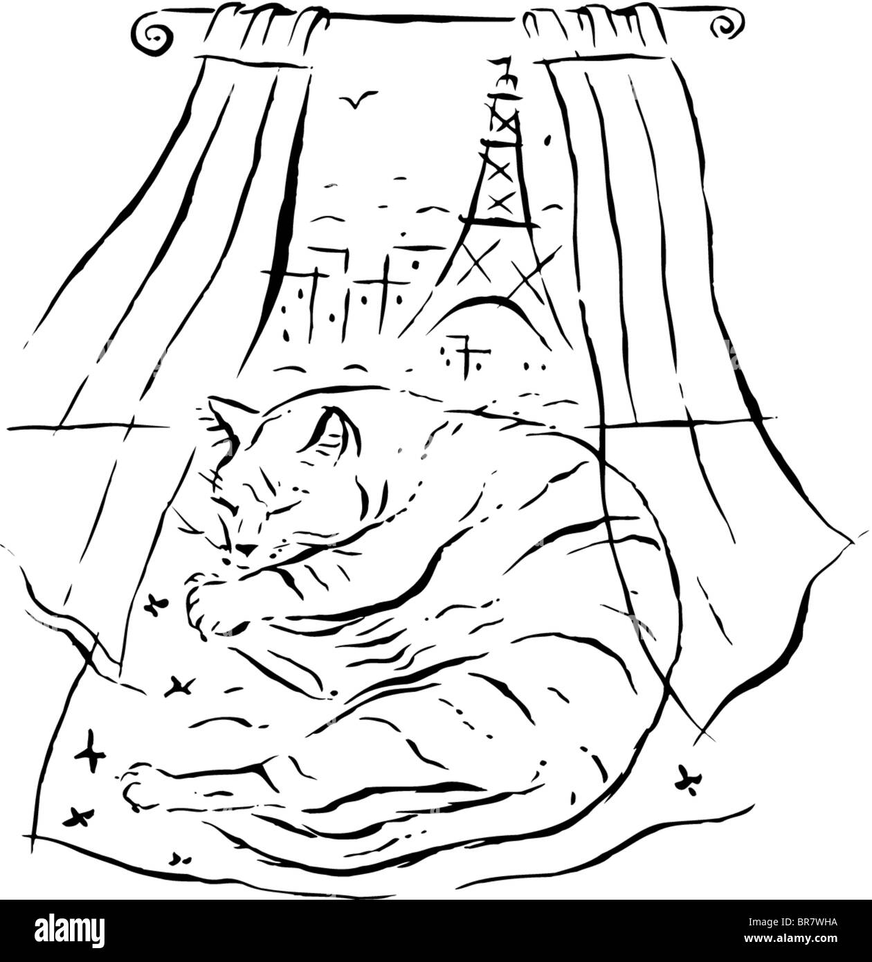 Illustrazione di un gatto a Parigi la Torre Eiffel è visibile in background Foto Stock