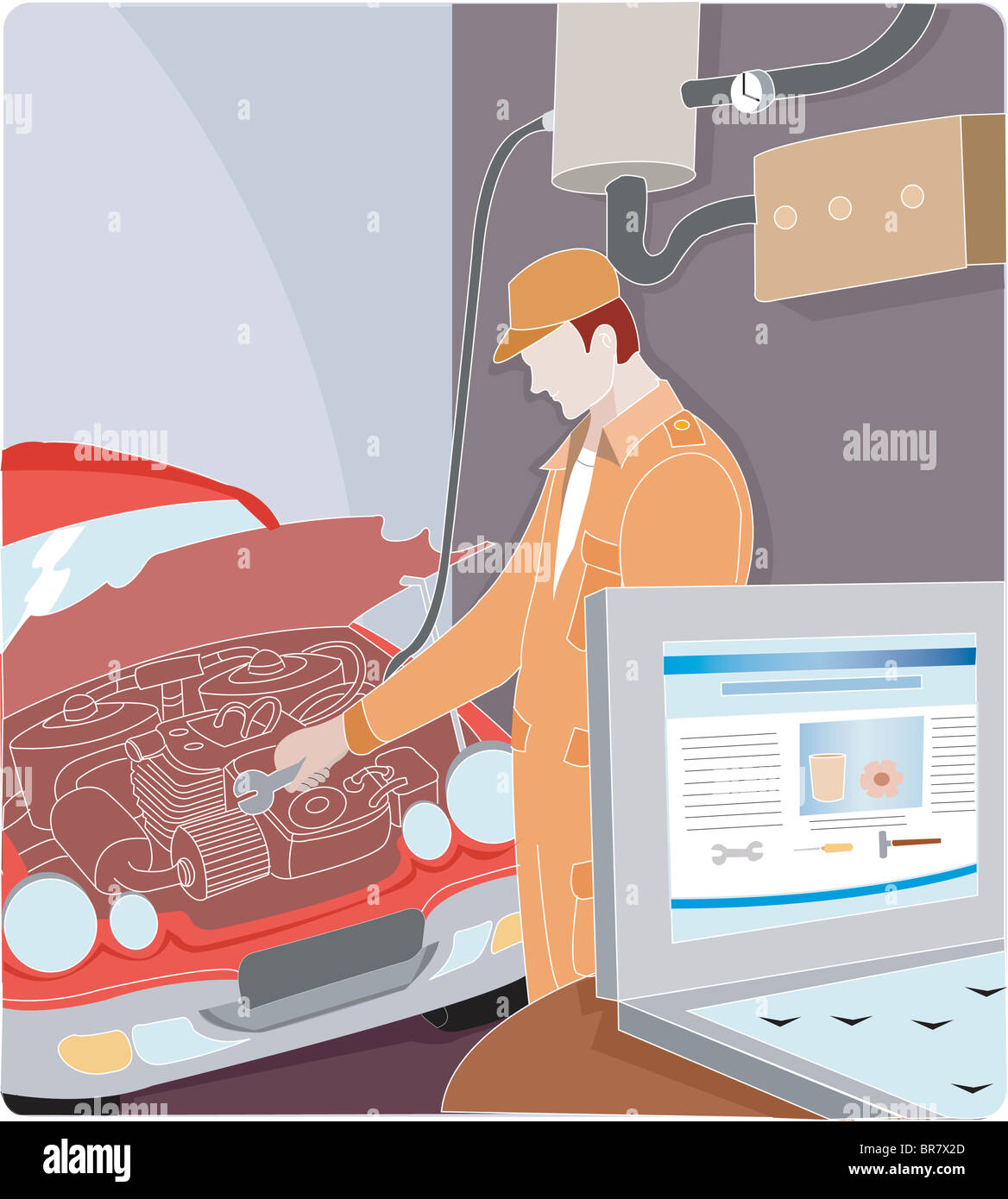 Un meccanico automatico utilizzando on-line istruzioni per la messa a punto di un auto a motore Foto Stock