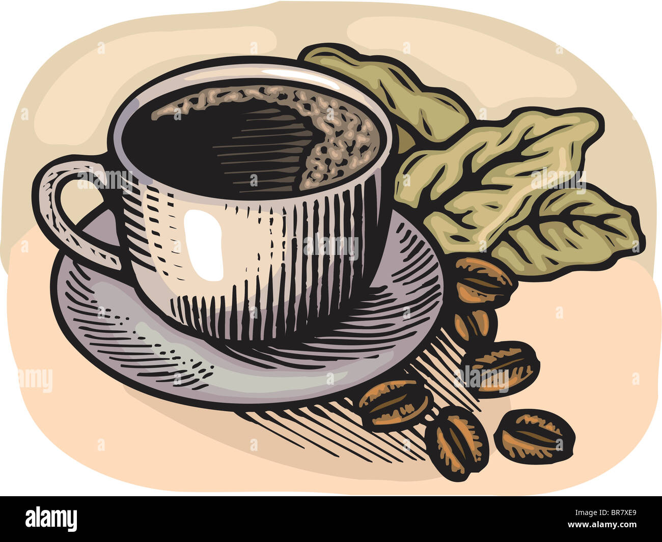 Cartoon illustrazione di una tazza di caffè e caffè in grani Foto Stock