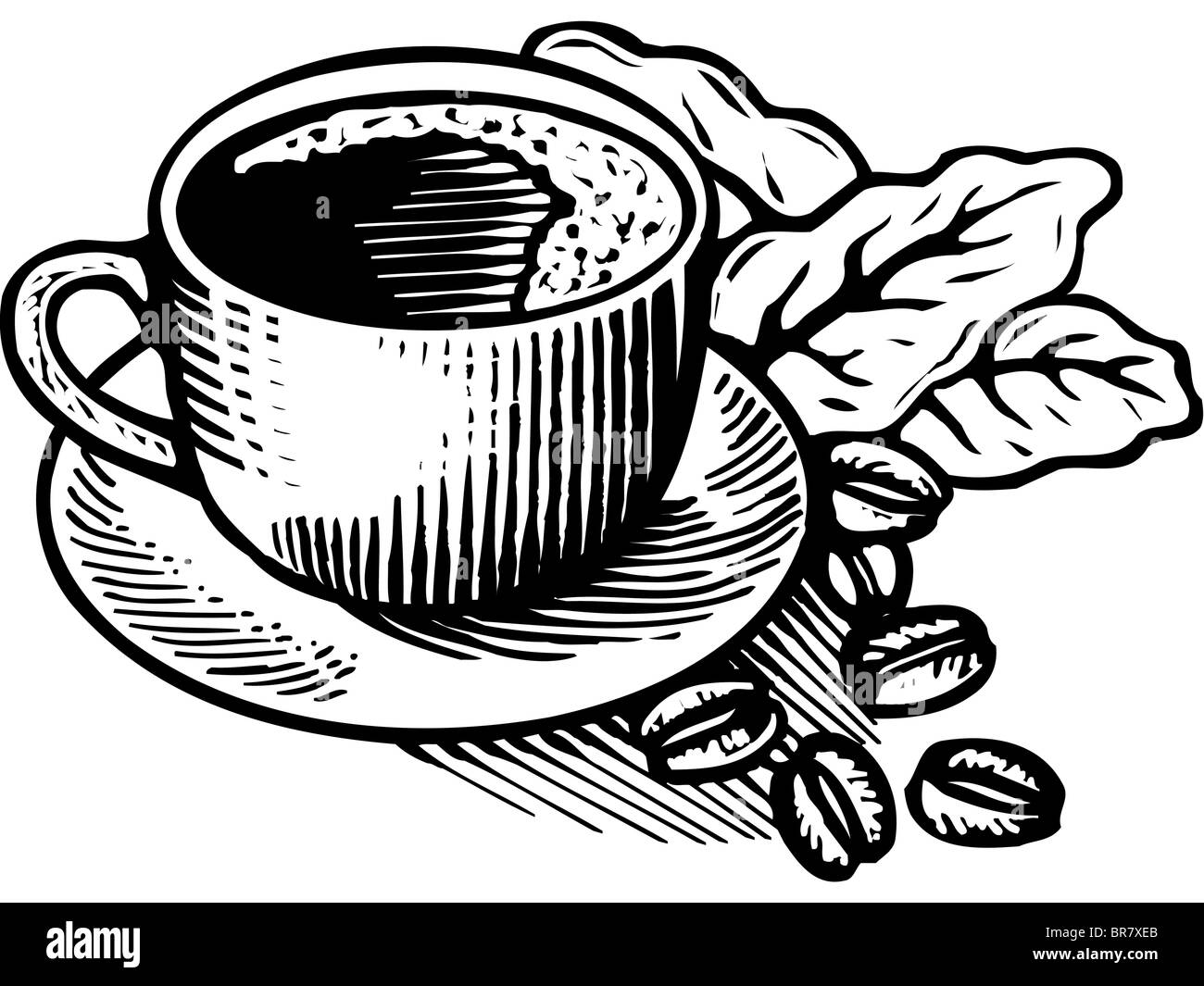 Bianco e nero cartoon illustrazione di una tazza di caffè e caffè in grani Foto Stock
