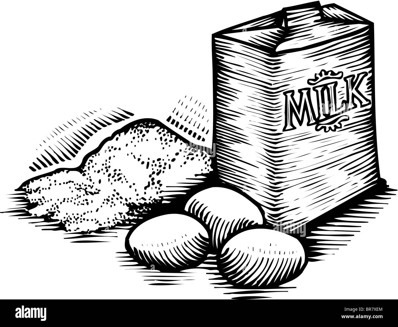 Farina, uova, andcarton di latte, in bianco e nero Foto Stock