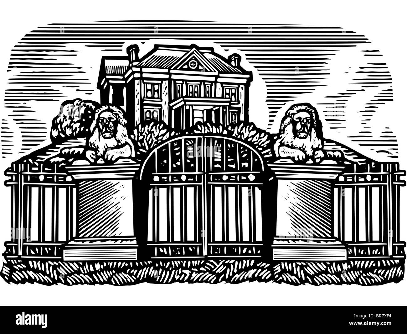 Una foto di un palazzo disegnato in bianco e nero Foto Stock