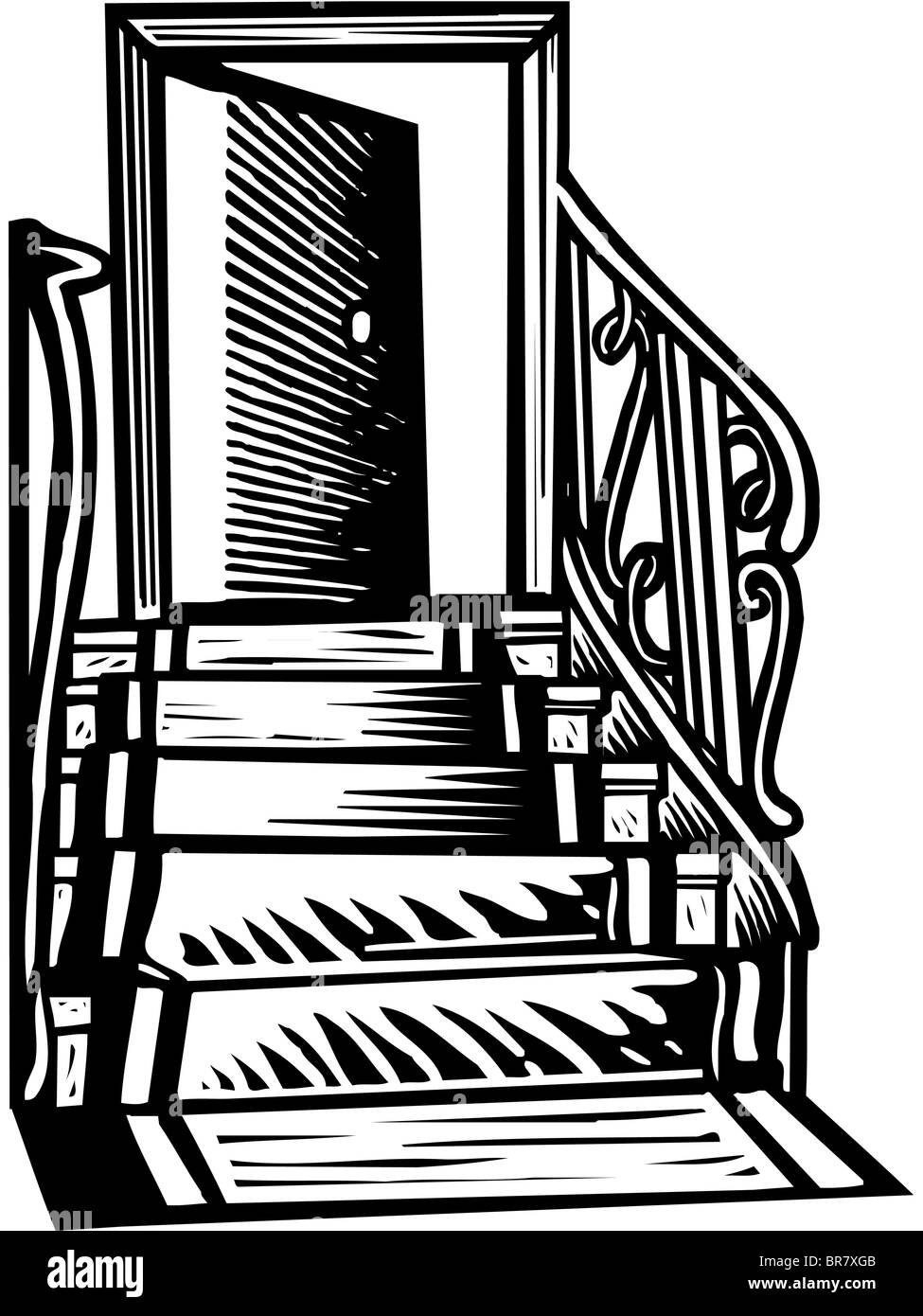 Una foto in bianco e nero di un tappeto che conduce su per le scale fino a una porta aperta Foto Stock