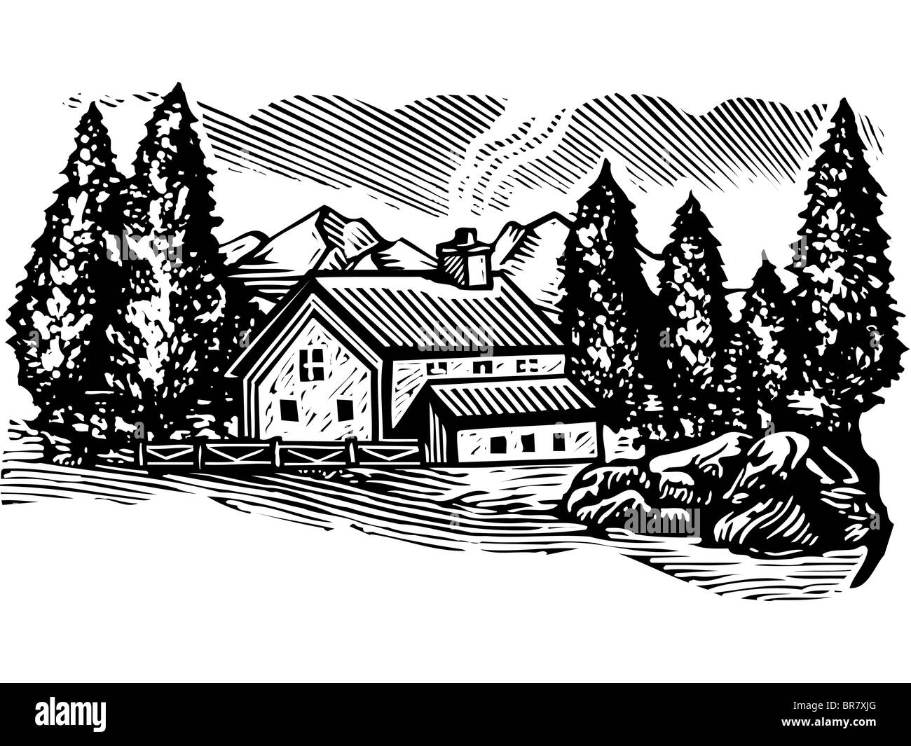 Cabina con i boschi, in bianco e nero Foto Stock