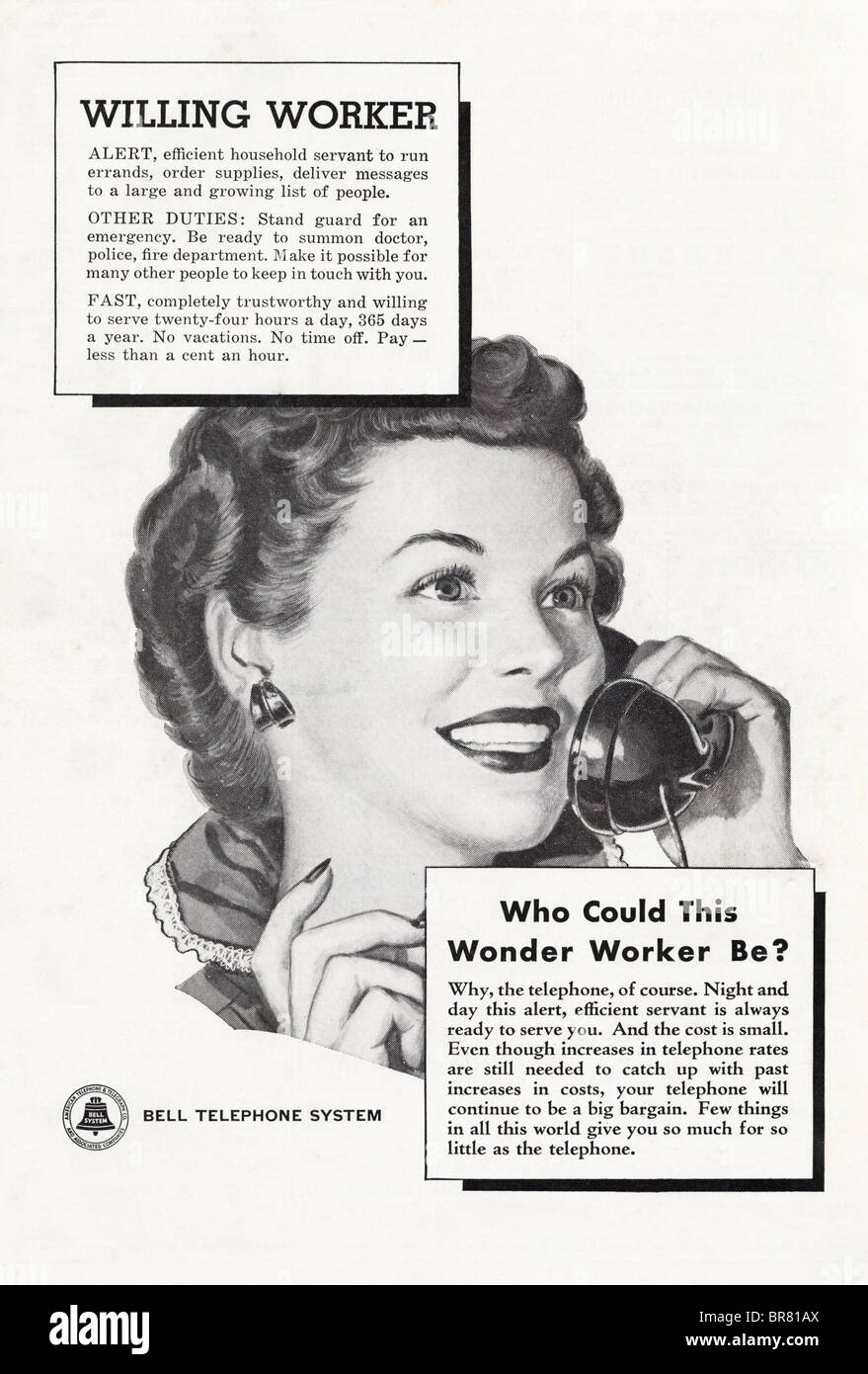 Rivista americana in bianco e nero spot per la Bell Telephone System circa 1950 Foto Stock