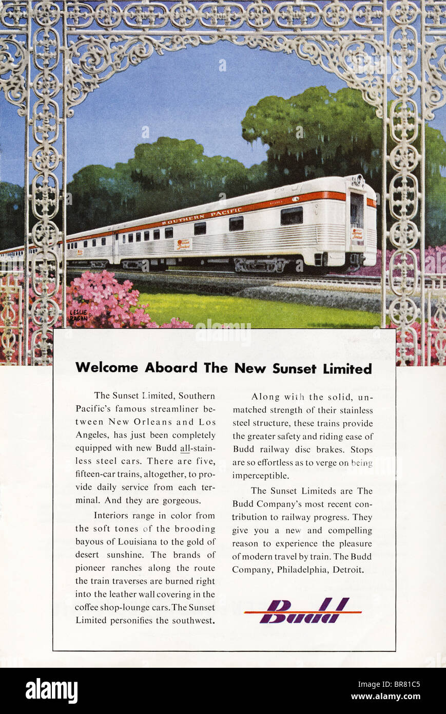 Americano di colore magazine annuncio pubblicitario per il Budd in acciaio inox di carrozze ferroviarie del 1950 circa Foto Stock