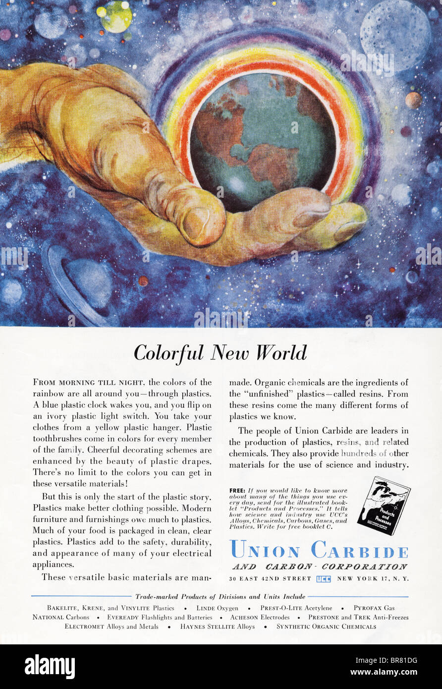 Rivista americana colore spot per Union Carbide e Carbon Corporation del 1950 circa Foto Stock