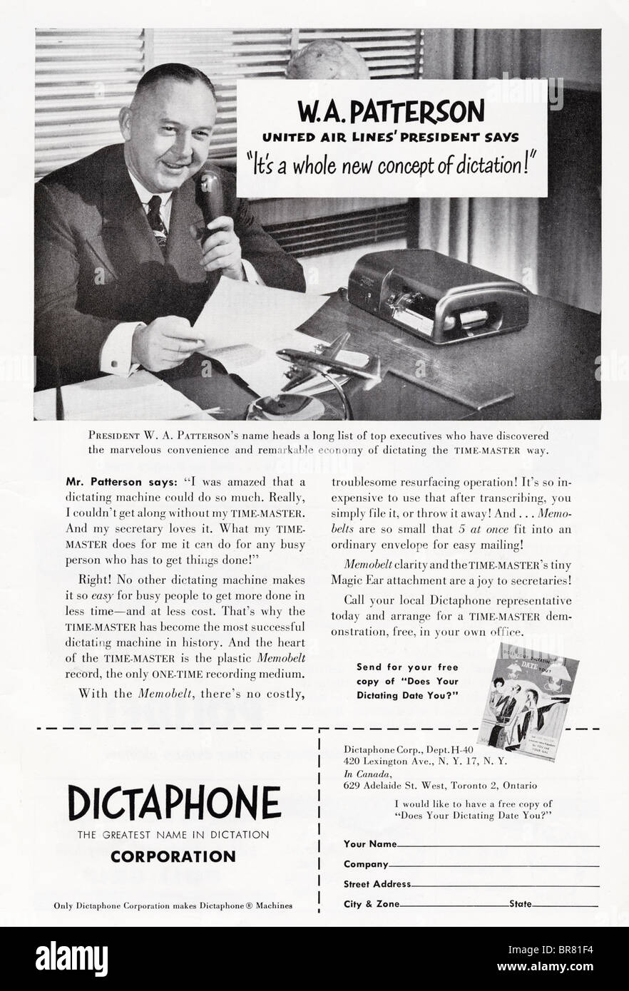 Rivista americana in bianco e nero spot per Dictaphone Corporation del 1950 circa Foto Stock