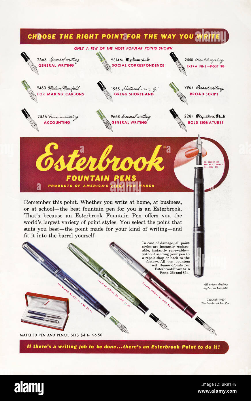 Colore rivista americana annuncio per Esterbrook penne stilografiche del 1950 circa Foto Stock