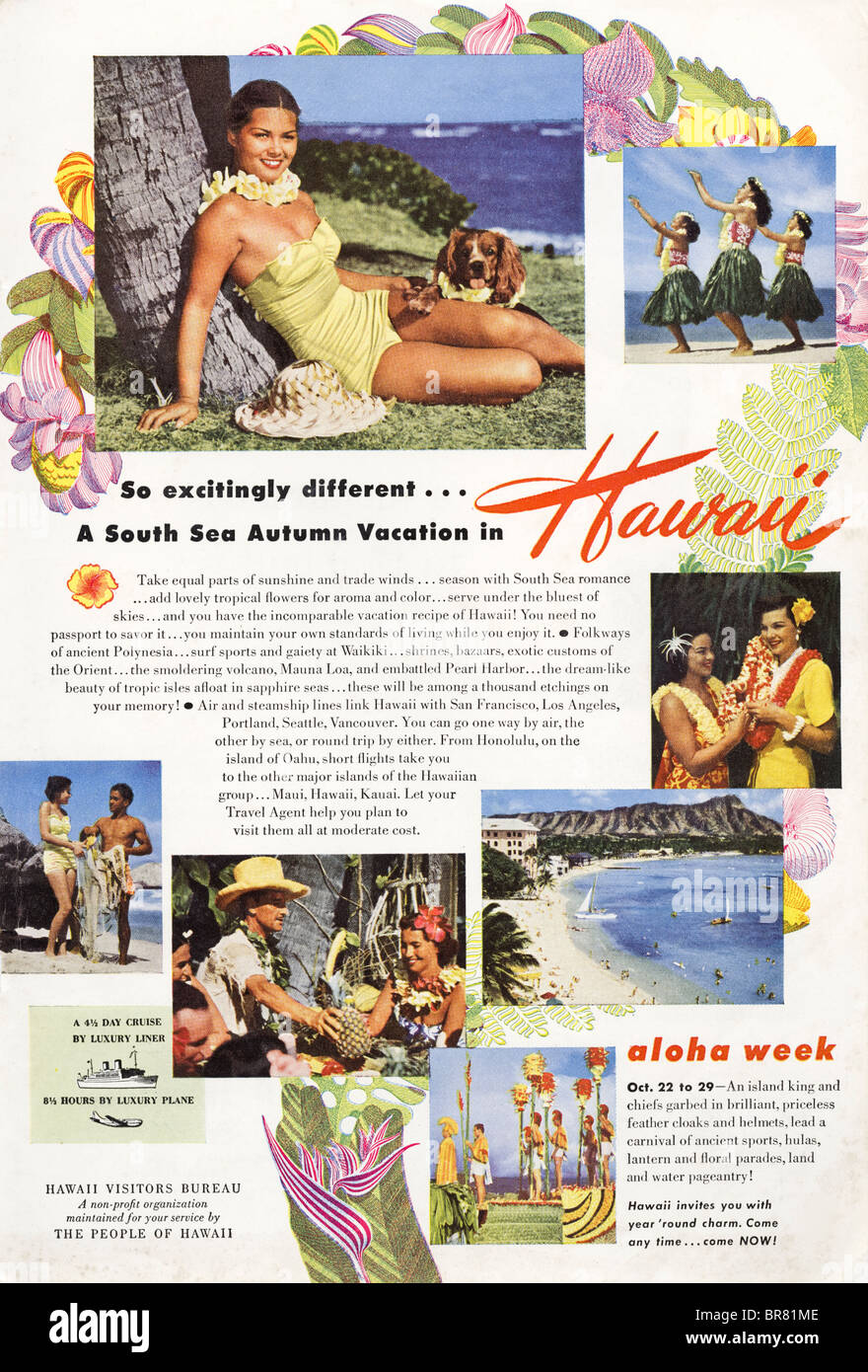 Colore rivista americana annuncio per le Hawaii turismo circa 1950 Foto Stock