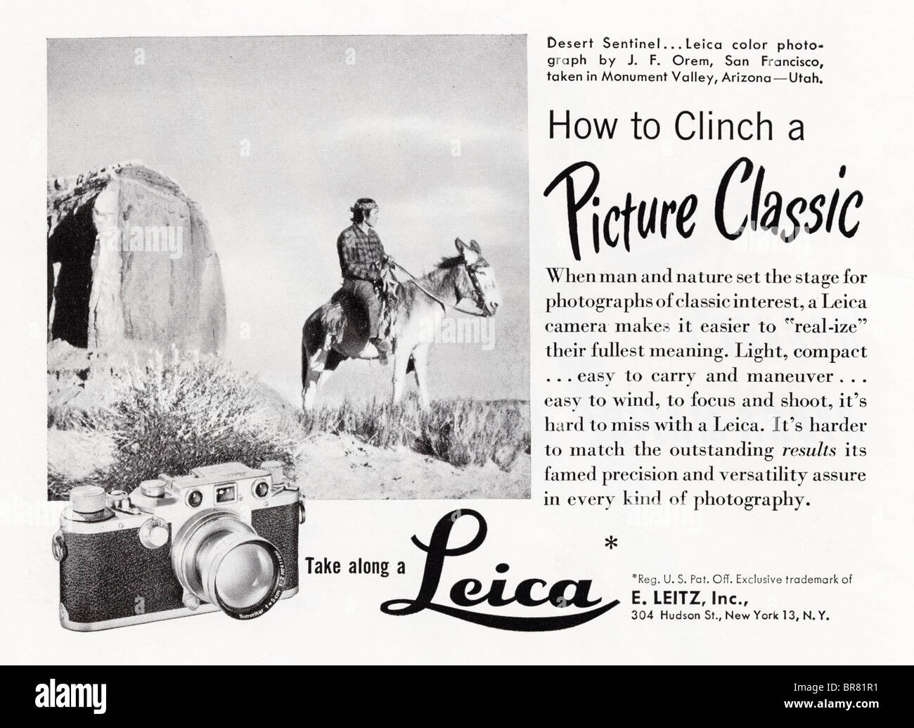 Bianco e nero rivista americana annuncio per Leica fotocamere con pellicola circa 1950 Foto Stock