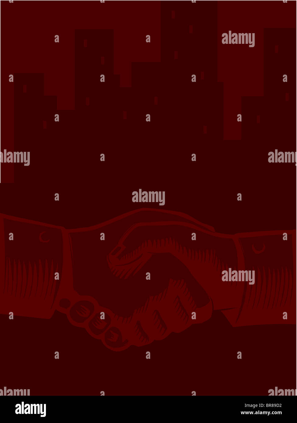 Illustrazione di una stretta di mano contro una skyline della città Foto Stock