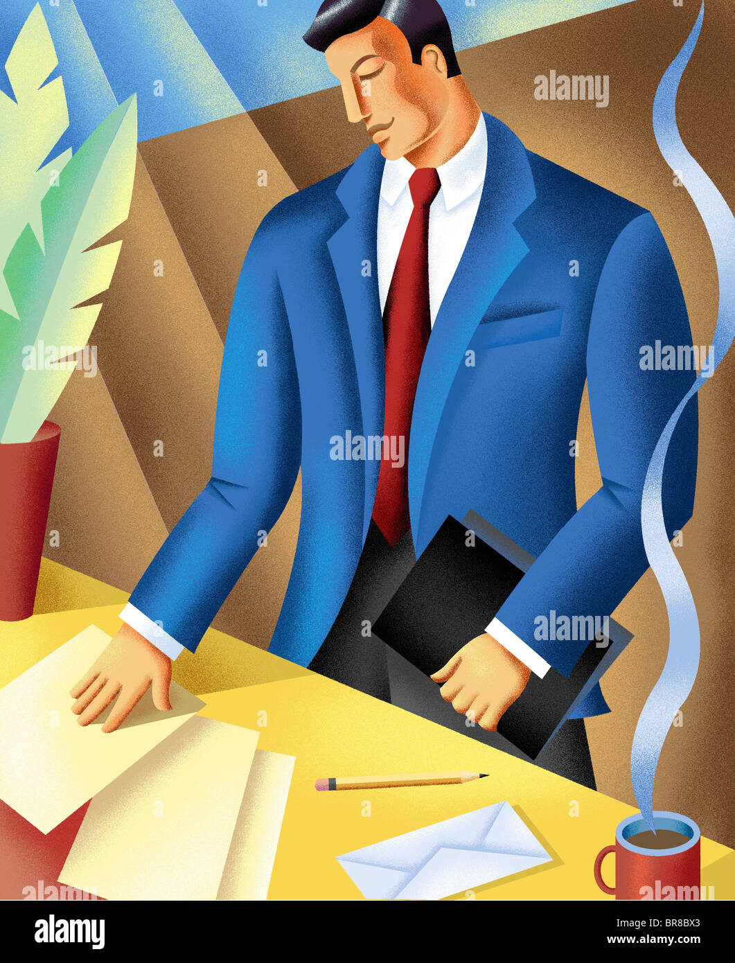 Un imprenditore che stava alla sua scrivania alla ricerca di documenti Foto Stock