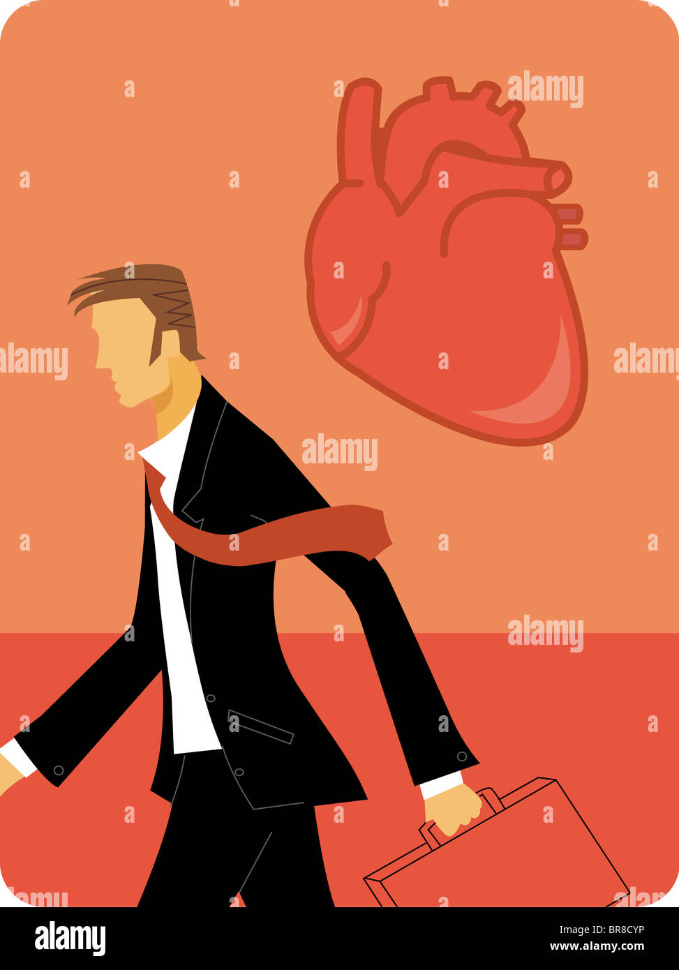 Un imprenditore a piedi con la sua valigia e un cuore Foto Stock