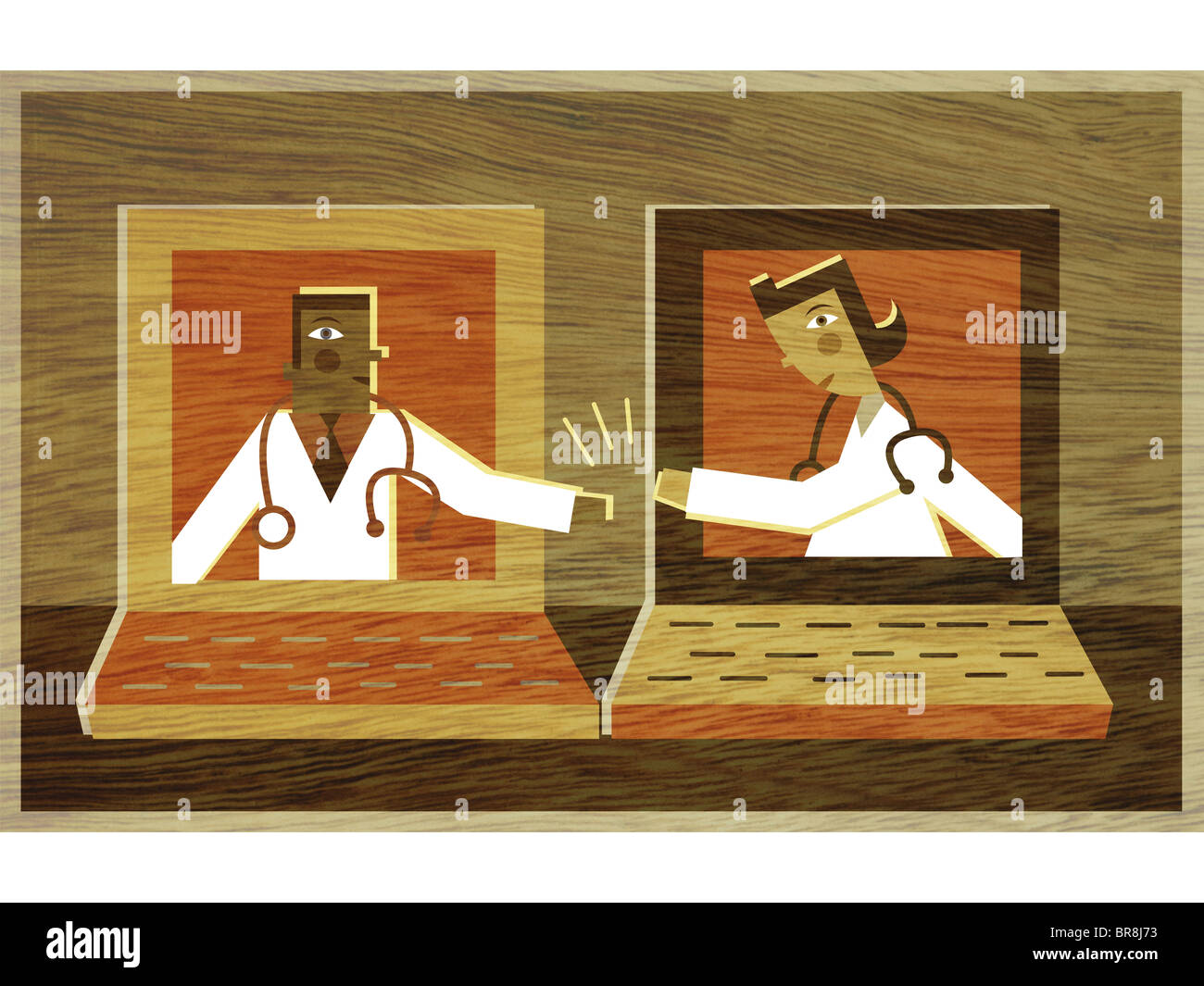 Due medici in giro diverse schermate superiore ad alta fiving ogni altro Foto Stock