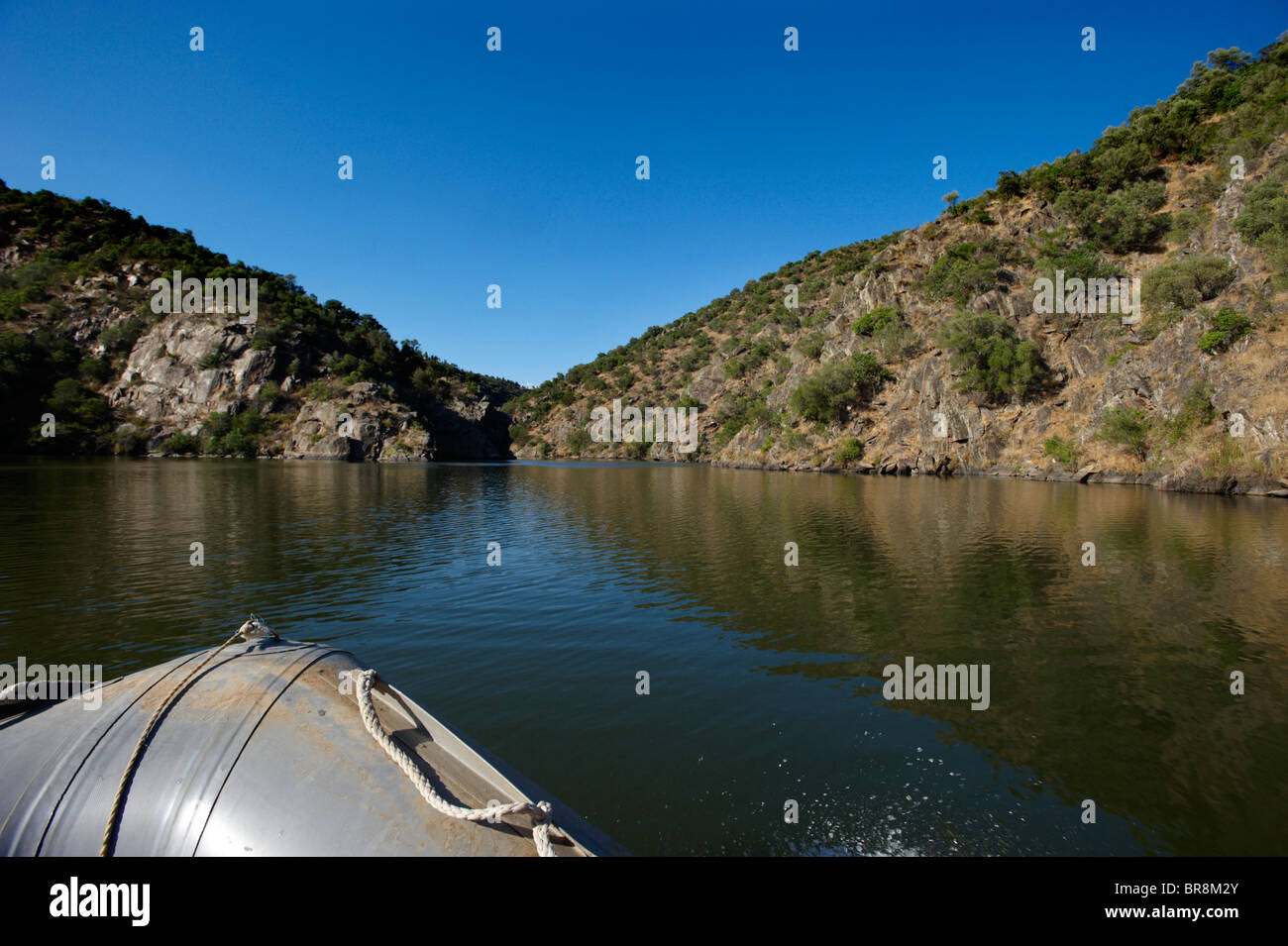 Vista del Tejo internazionale Parco naturale da una gomma gonfiabile barca sul fiume Tago, Portogallo Foto Stock