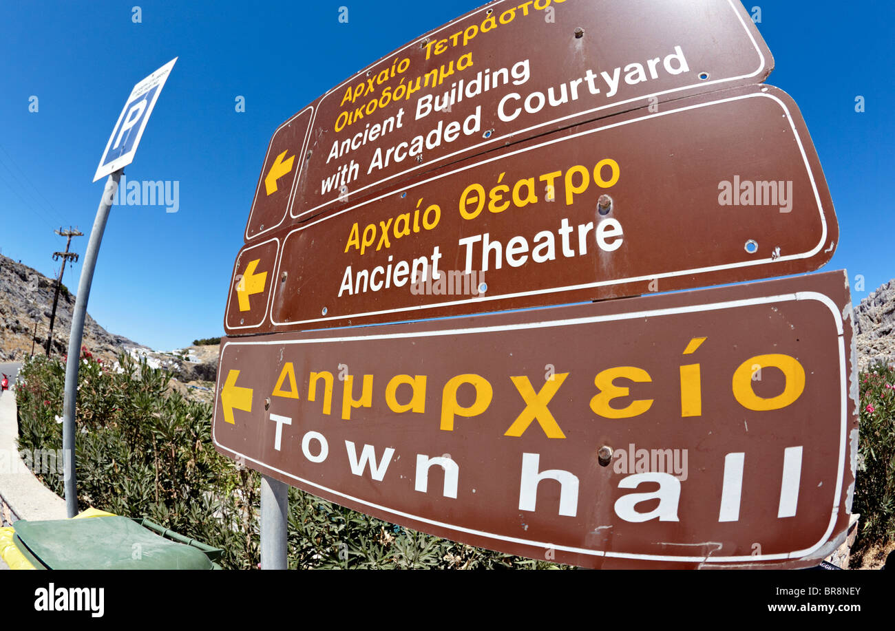 Indicazioni turistiche a Lindos Rodi Isole Greche Grecia Hellas Foto Stock