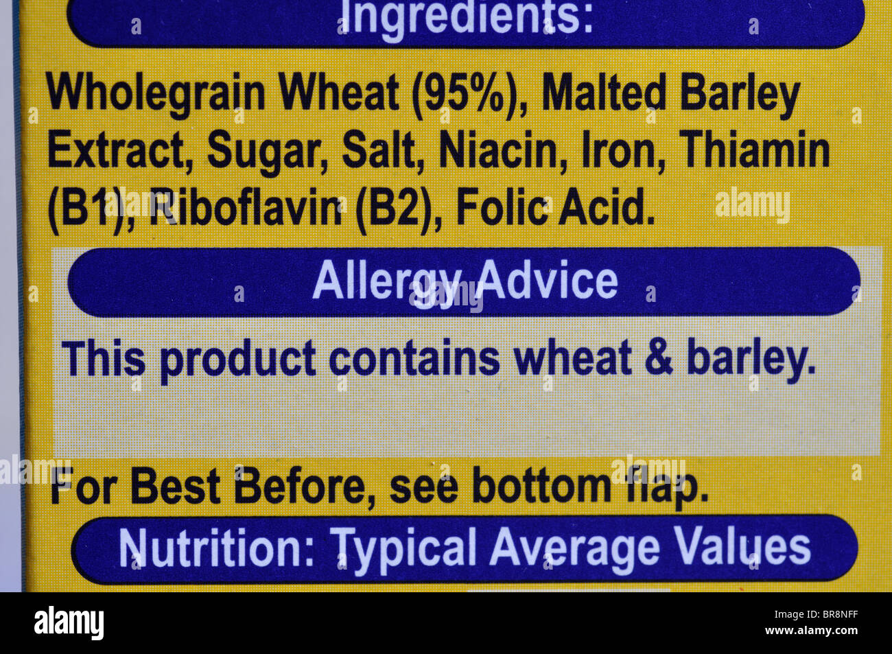 Allergia consigli su imballaggi alimentari Foto Stock
