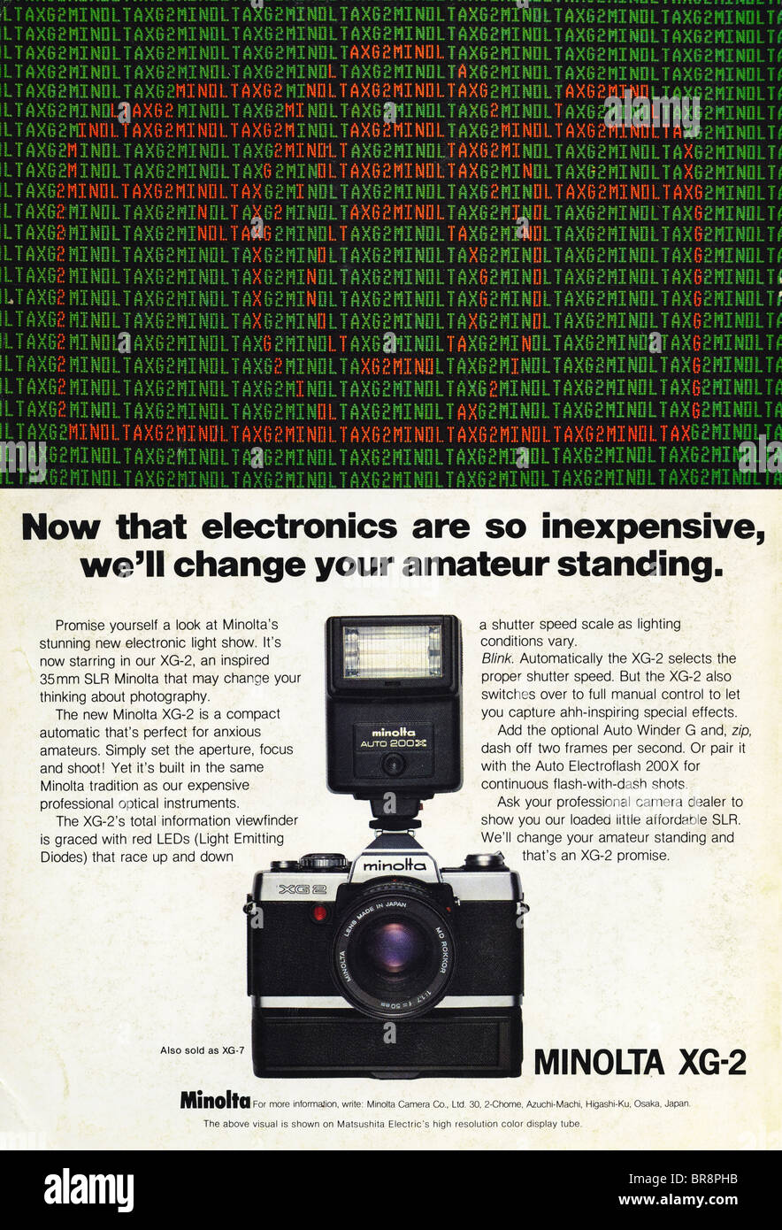 Annuncio di colore nella rivista americana per Minolta XG-2 fotocamera a pellicola circa 1978 Foto Stock