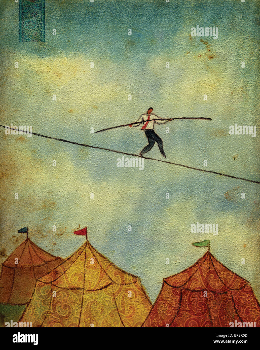 Imprenditore a piedi una fune sopra tendoni da circo Foto Stock