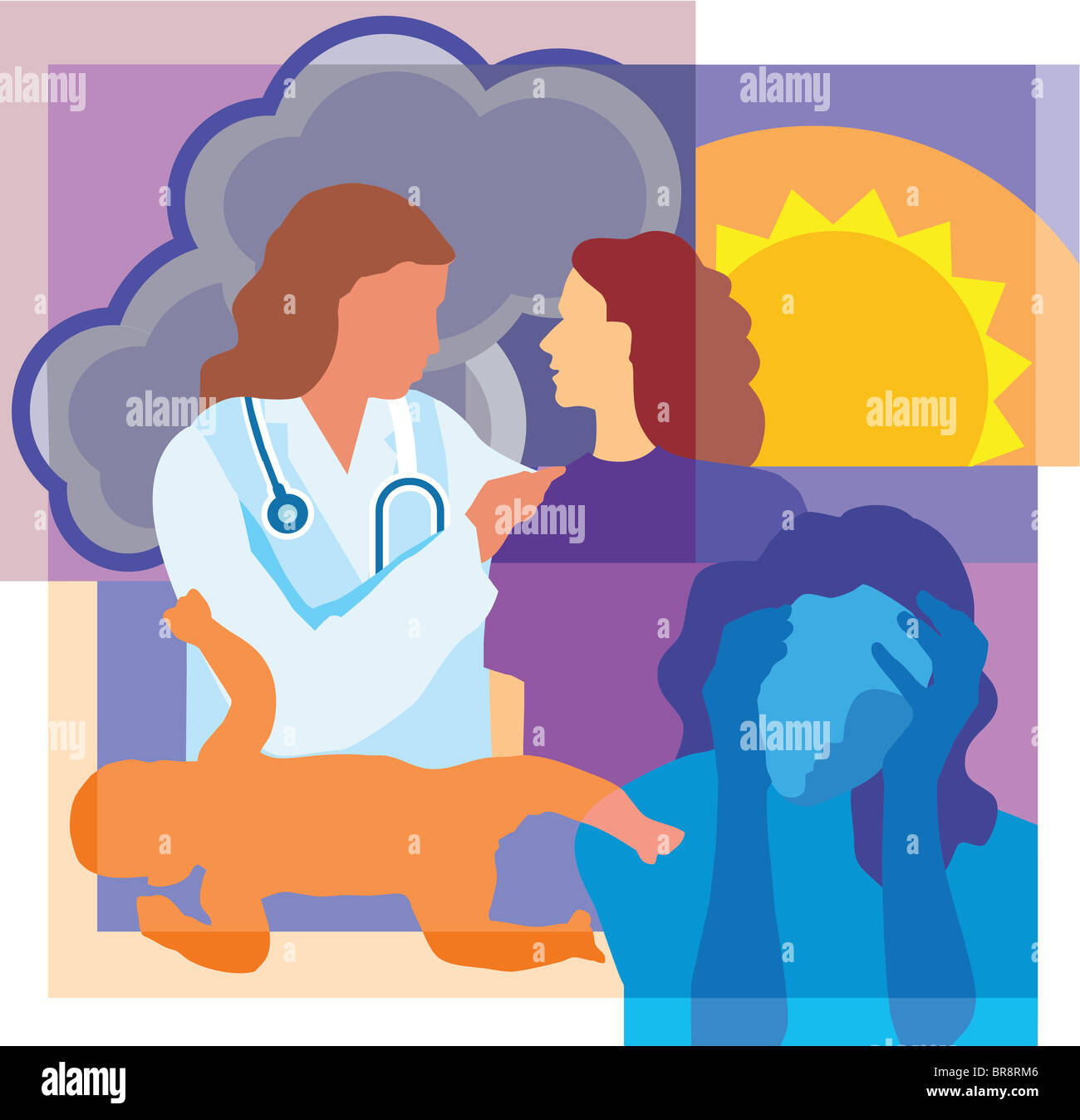 Collage di sun, nuvole, un medico di parlare al paziente un neonato e una donna tiene il capo Foto Stock