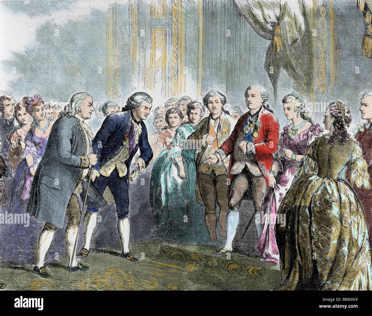 Franklin, Benjamin (1706-1790). Statista e scienziato. Franklin a Luigi XVI e Maria Antonietta. Parigi. Incisione colorata. Foto Stock