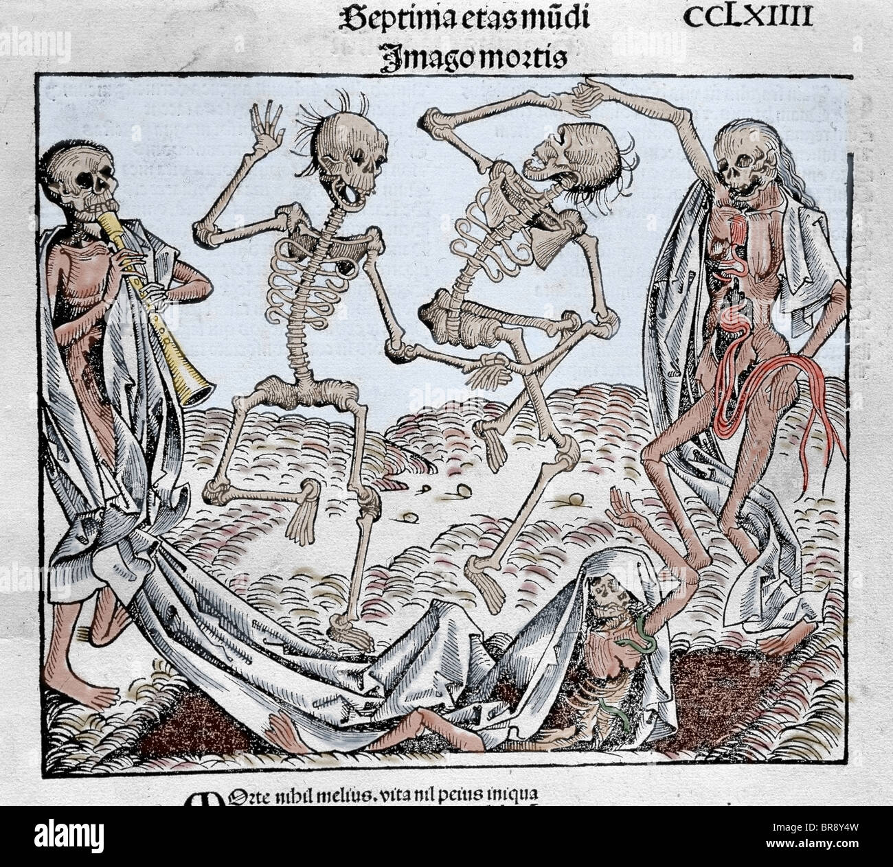 La Danza della morte (1493) di Michael Wolgemut, dal Liber chronicarum di Hartmann Schedel. Incisione colorata. Foto Stock