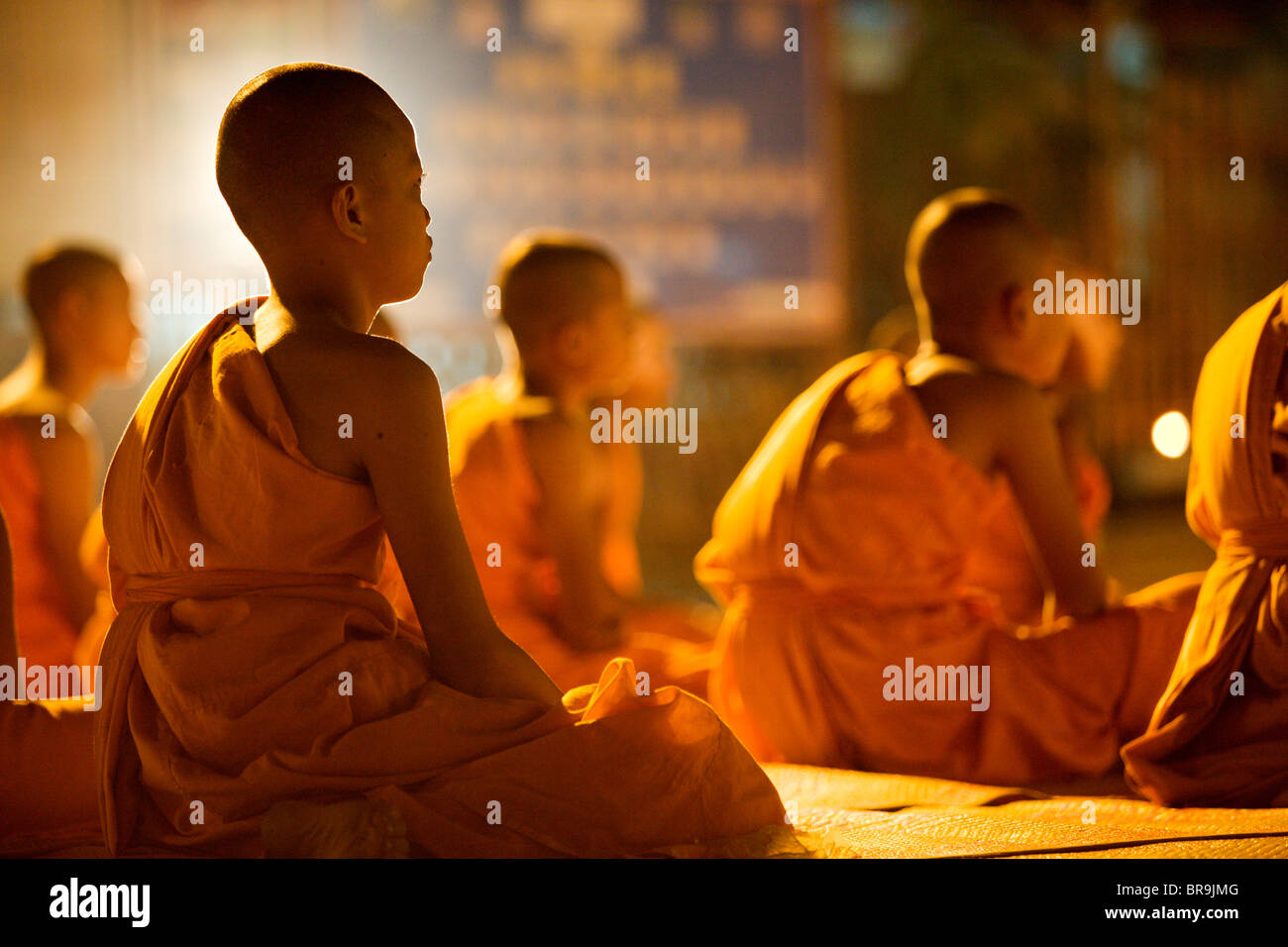 Il debuttante monaci sedersi pazientemente durante la cerimonia al Wat Pantao Chiang Mai Thailandia. back lit Foto Stock