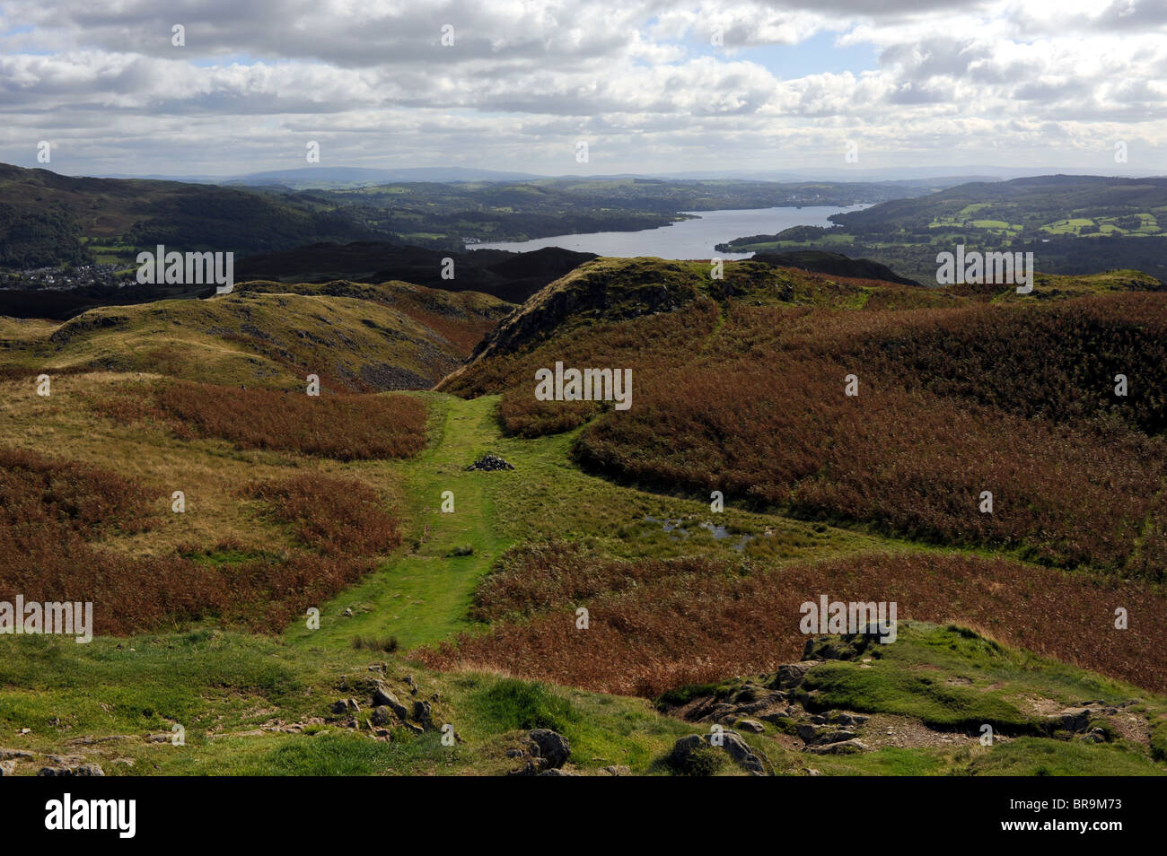 Vista dal vertice di Loughrigg cadde e affacciato sul Lago Windemere vicino al Distretto del Lago Borgo di Ambleside Cumbria Regno Unito Foto Stock