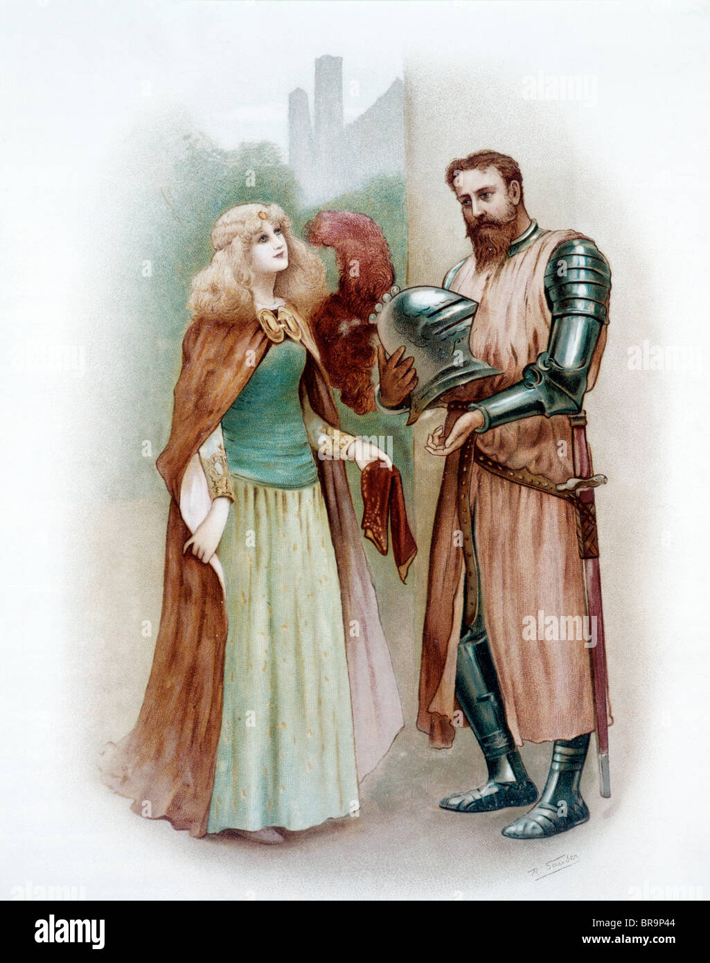 Illustrazione a colori del cavaliere medievale LANCELOT E LADY ELAINE Foto Stock