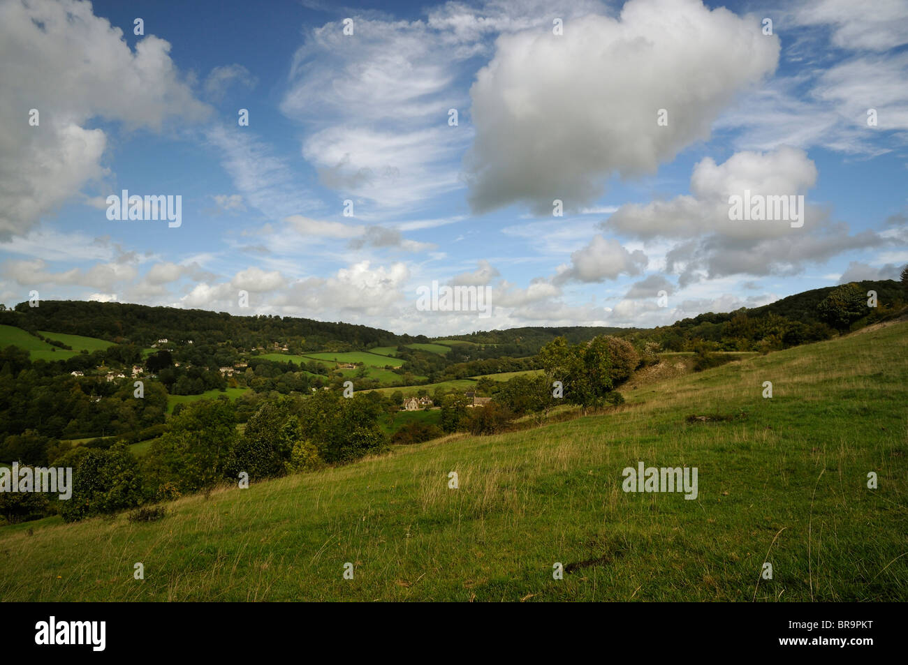 Valle Slad visto dalla collina di rondoni. Stroud Valli, Gloucestershire Foto Stock