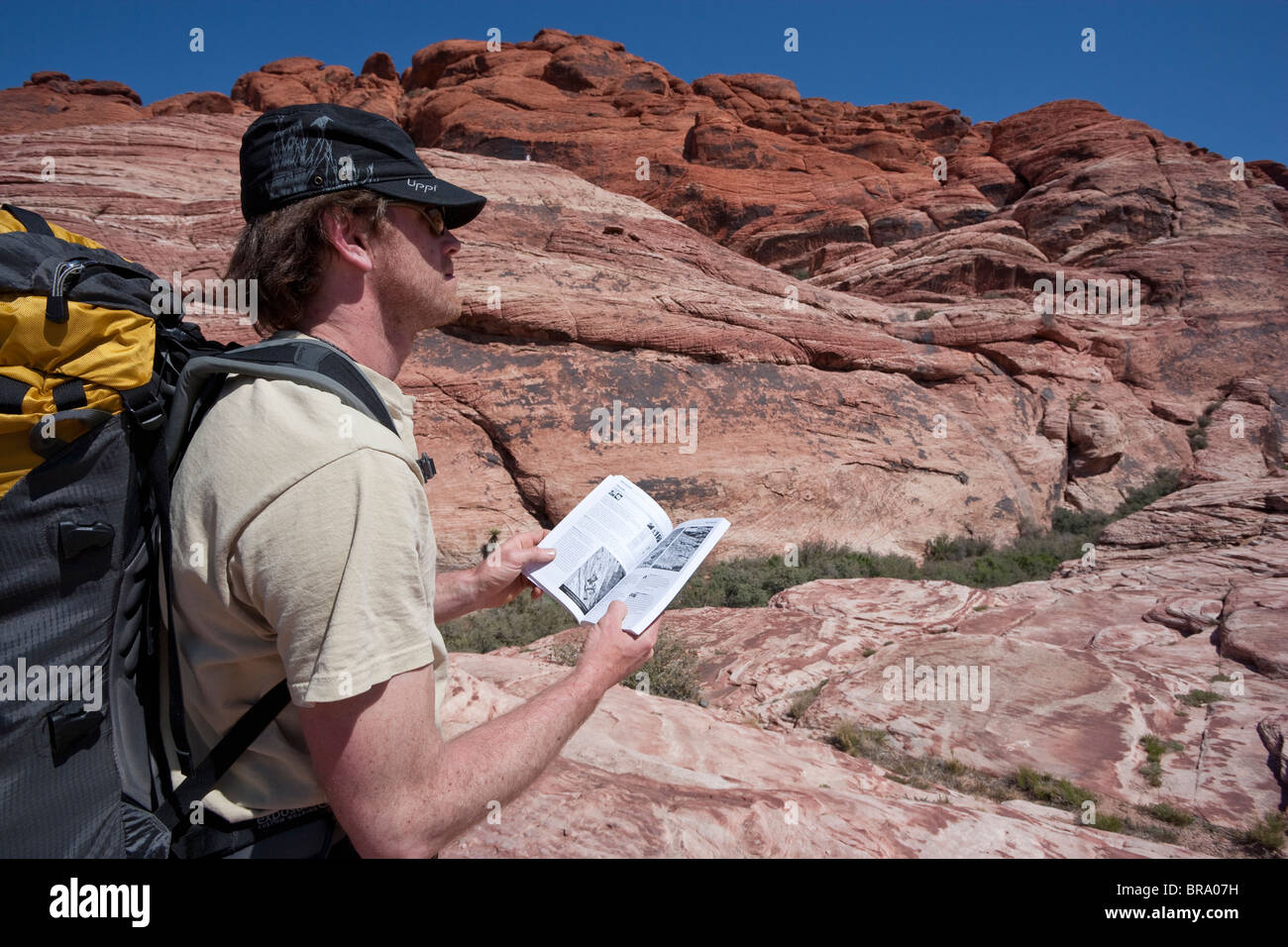 Scalatore maschio con la topografia prenota in Red Rock Canyon National Conservation Area, Nevada, STATI UNITI D'AMERICA Foto Stock