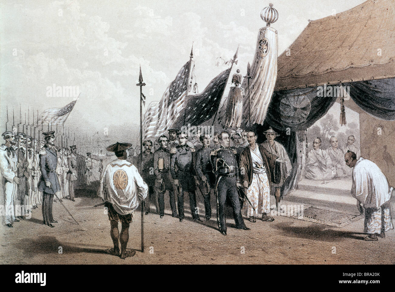 1800s 1850s COMMODORE Matthew Perry riunione commissari imperiale a Yokohama, Giappone 1854 Foto Stock