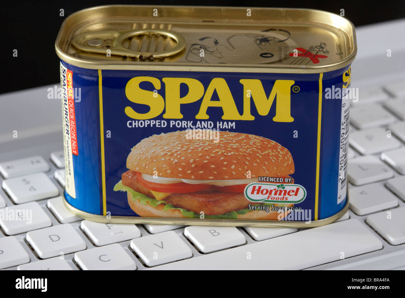 Lo stagno di spam le conserve di carne di maiale e prosciutto carni processate seduto su un laptop computer tastiera Foto Stock