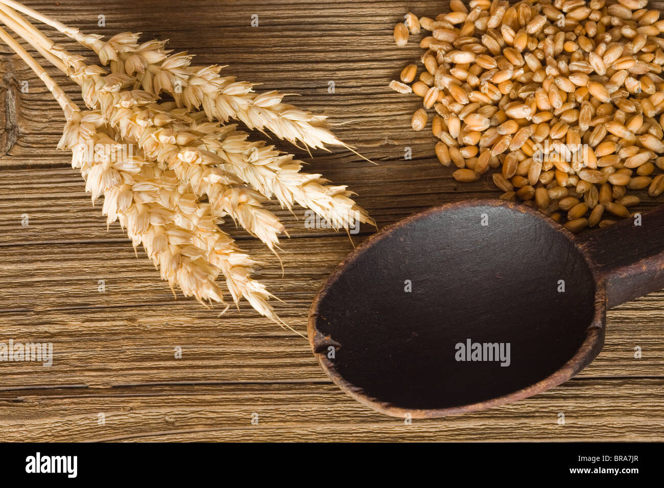 Di Frumento, semi e cucchiaio di legno Foto Stock