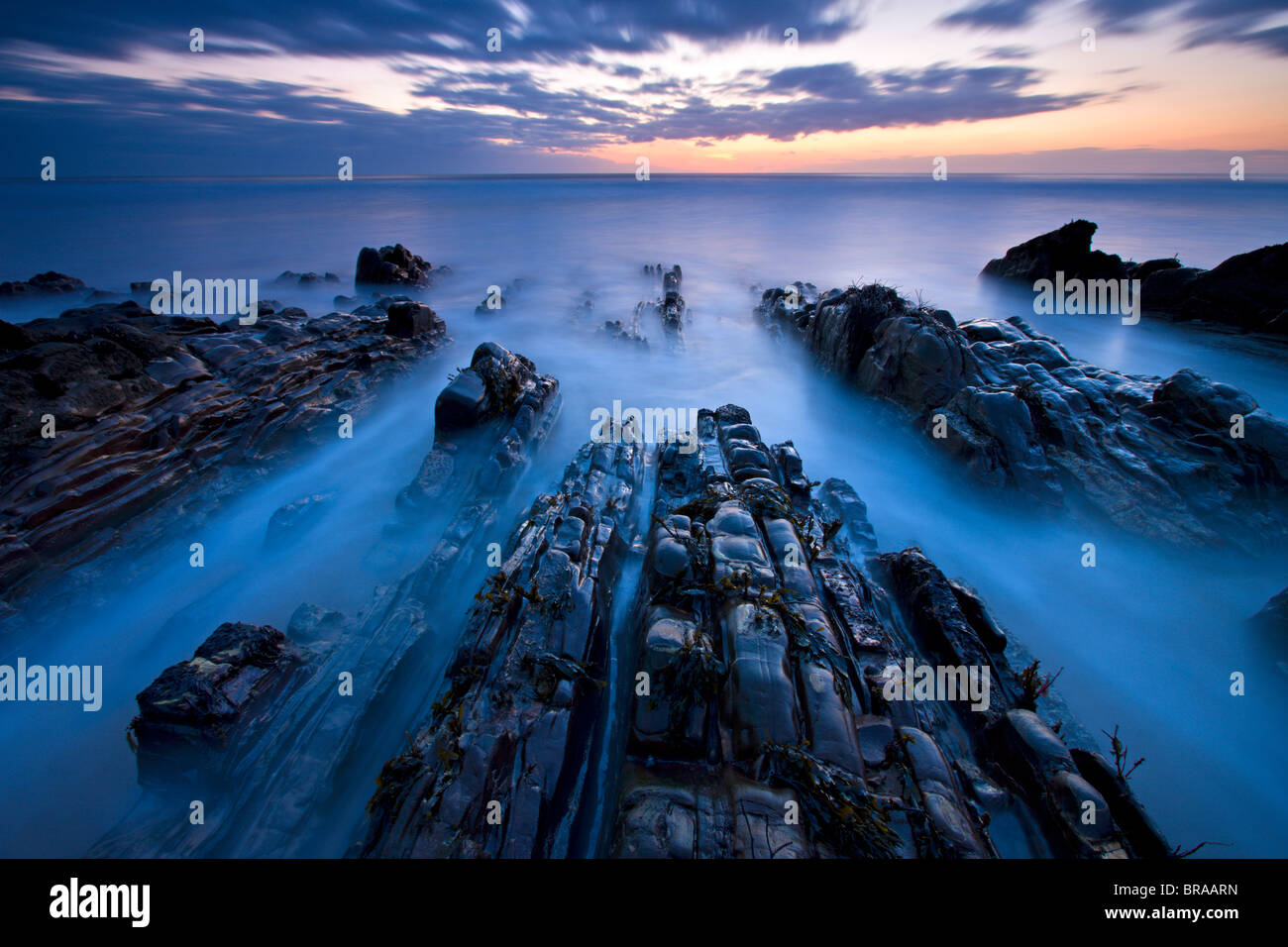 Marea avanzante su uno sperone roccioso a battute di Sandymouth, Cornwall, Inghilterra Foto Stock