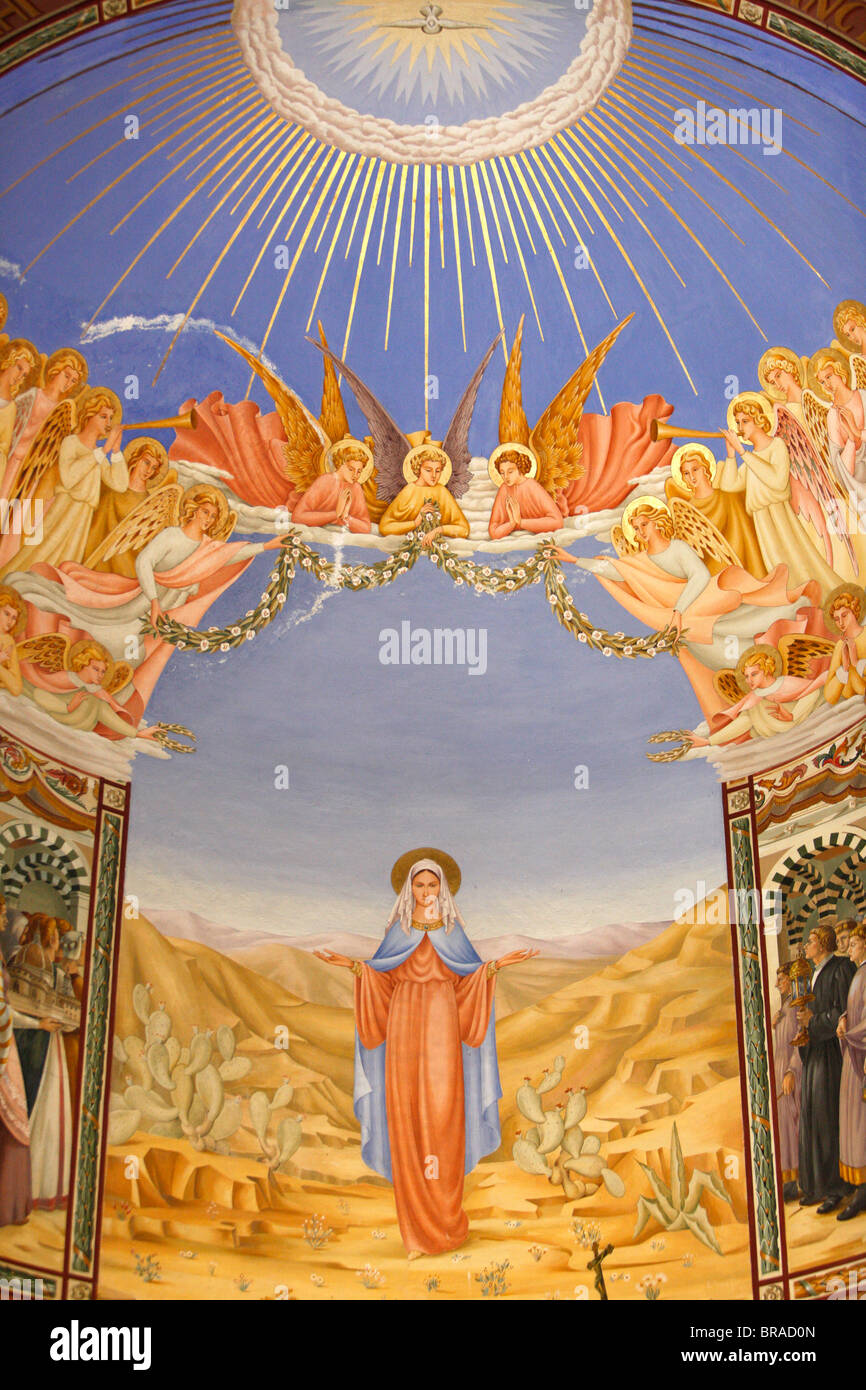 L affresco nella visitazione chiesa in Ein Kerem, Israele, Medio Oriente Foto Stock