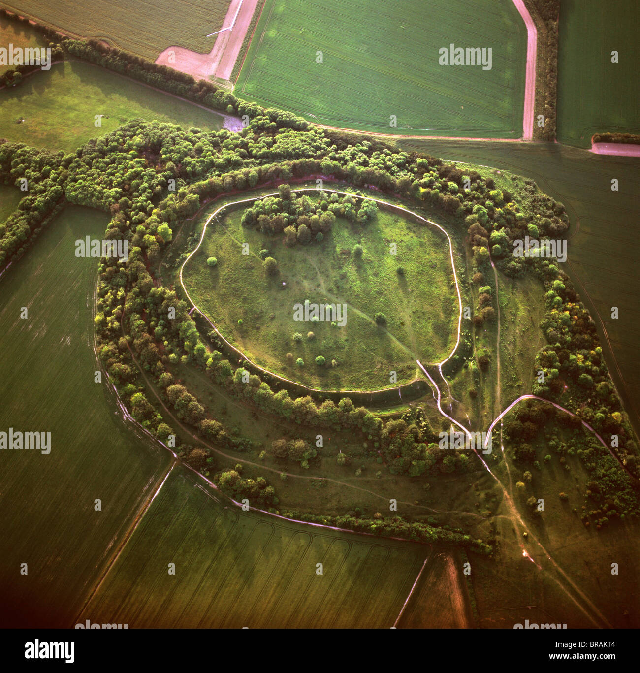 Immagine aerea di Danebury anello, un'età del ferro hill fort, Wiltshire, Inghilterra, Regno Unito, Europa Foto Stock