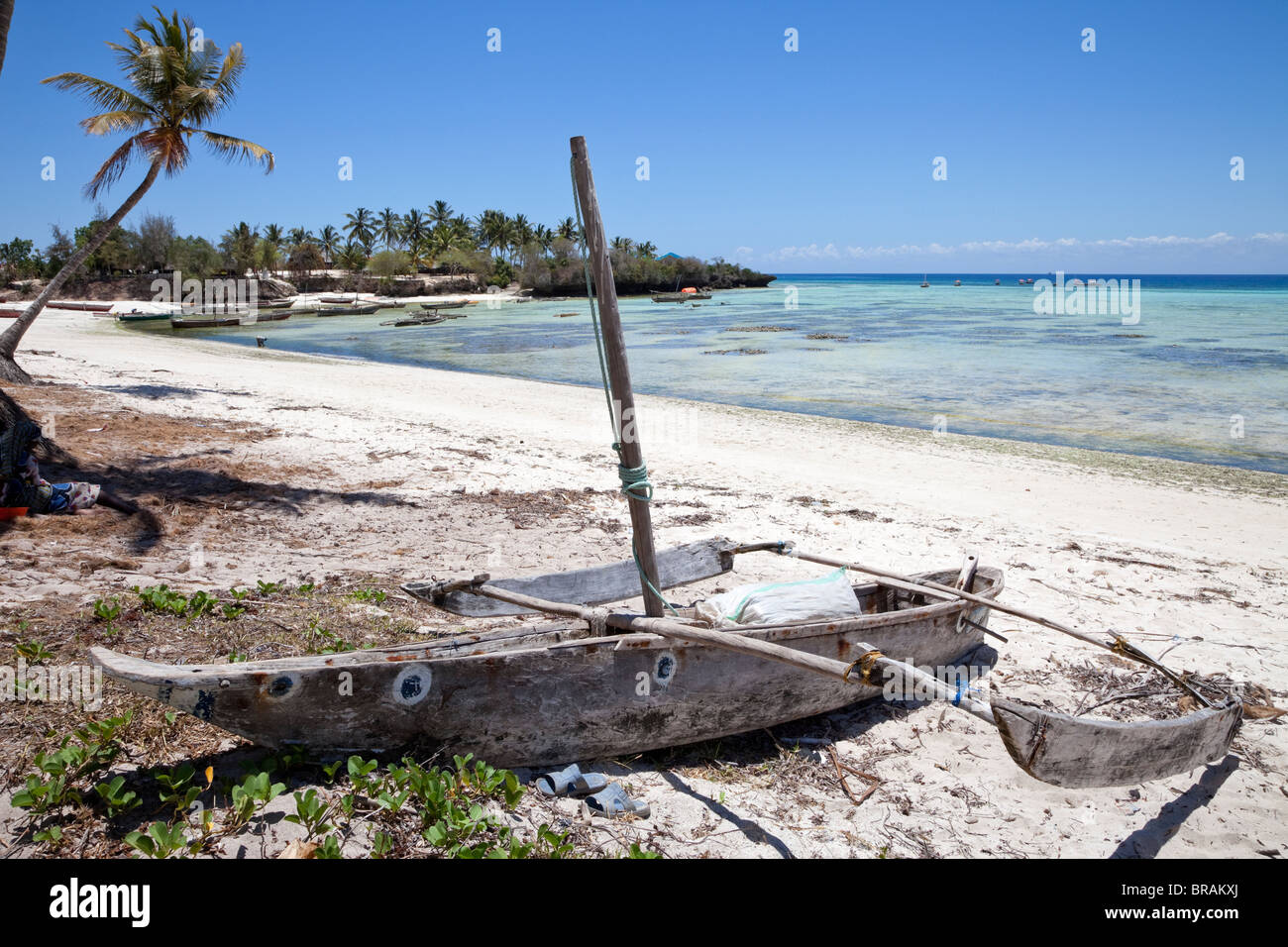 Kizimkazi Dimbani, Zanzibar. Ngalawa (canoa outrigger) appoggiato sulla spiaggia. Foto Stock