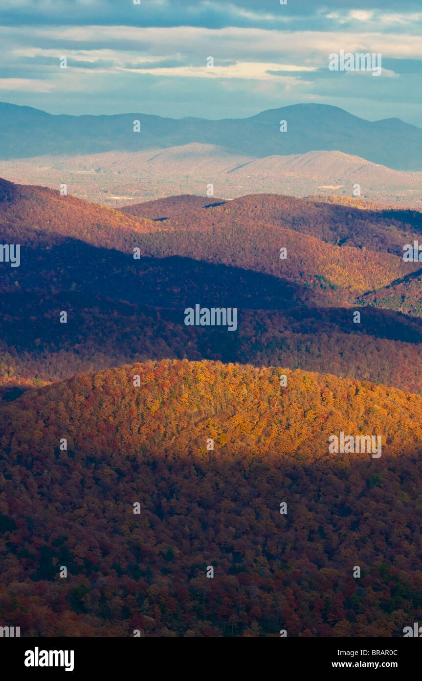 Tramonto su foglie colorate in estate indiana, Blue Ridge Mountain Parkway, North Carolina, Stati Uniti d'America Foto Stock