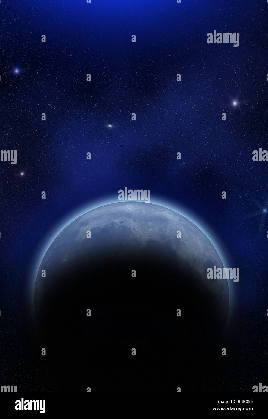 Spazio con un pianeta, luna e stelle illustrazione astratta Foto Stock